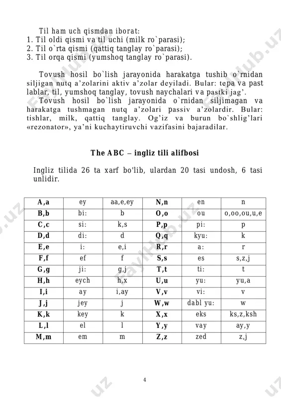 nadilar:  , , , , , diftonglar diftong ikki tovushdan tashkil topgan birikmadir. diftongning birinchi tovush «yadro», ikkinchi tovushi «glayd» d eyiladi. yadro kuchli, bo`rttirib, glayd esa kuchsiz talaffuz qilinadi. yadro jag’ni keng ochilishi paytida, glayd esa jag’ dastlabki holatga kelish paytida talaffuz etiladi bo`g`in bir unli, bir unli va bir undosh, bir unli va bir yoki ko` proq undoshdan tashkil topgan birikma bo`g’in deyiladi . bo`g’inlar ochiq va yopiq bo`ladilar. ochiq bo`g’in unli bilan tugaydi: o – na, mu, to-za, he. yopiq bo`g’in undosh bilan tugaydi: bor, ten, mak-tab, cat. 7 bo`g’in ajratish qoidasi ingliz so`zlarni bo`qinlarga ajratishda quyidagi qoidalar qo`llaniladi: 1. 1. ikki unli orasida bir undosh kelsa, bo`g’in ajratish belgisi ushbu undosh oldidan chiziladi: ti / me, wa / ke, no / te, fami / ly. 2. 2. ikki unli orasida ikki undosh kelsa, (va bu undoshlar xarflar birikmasini tashkil qilmasa), bo`g’in in ajratish belgisi ushbu …