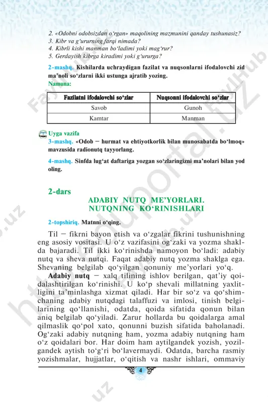 da rioya qiladi. adabiy nutqning turli qo‘llanish sohalari mavjud. masa- lan, og‘zaki so‘zlashuv sohasi, badiiy adabiyot sohasi, axborot-targ‘ibot sohasi, ish yuritish sohasi, ilmiy soha. adabiy nutqning biror sohaga xoslangan bunday ko‘rinishi adabiy nutq uslubi deyiladi. so‘zlashuv uslubi – oilada, ko‘cha-ko‘yda fikr al- mashish jarayonida qo‘llanadigan nutq uslubi. so‘zlashuv uslubi, ko‘pincha, dialog shaklida bo‘ladi. so‘zlashuv uslubida adabiy nutqning og‘zaki me’yorlariga qat’iy rioya qilish talab etilmaydi. ammo turli sheva vakillari suhbatida adabiy nutqning og‘zaki me’yorlariga rioya qilish mada- niyatlilik hisoblanadi. badiiy uslub – badiiy adabiyotga xos nutq turi. unda badiiylik, ifodaviylik, ta’sirchanlik kuchli bo‘ladi. publitsistik uslub – rasmiy axborot berishga, davrning ijtimoiy-siyosiy masalalarini aks ettirishga mo‘ljallangan ommaviy axborot vositalari (radio-televideniye, gazeta- jurnallar) uslubidir. ilmiy uslub – ilmiy asarlar, ilmiy jurnallar, darslik va qo‘llanmalar yoziladigan uslub, unda ilmiy atamalardan keng foydalaniladi, ko‘chma ma’noli til ifodalari nihoyat- da kam ishlatiladi. rasmiy-idoraviy uslub – davlat qonunlari, prezident farmonlari, hukumat qarorlari, turli hujjatlar, ish qog‘oz- lari, …