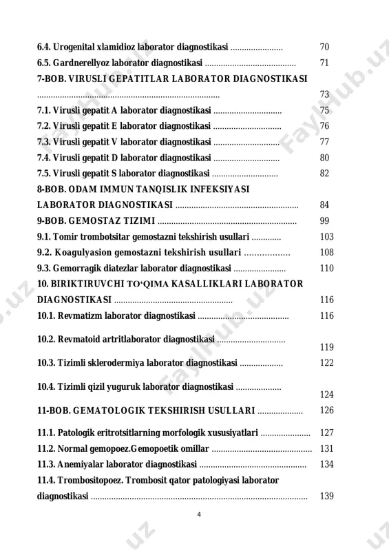 6. o’tkir leykozlar laborator diagnostikasi ..................................... 147 11.7. surunkali leykozlar laborator diagnostikasi ............................... 149 11.8. leykositoz, leykemoid reaksiya va leykozlar laborator differensiasiyasi ........................................................................................... 152 12-bob. analitik qism …………………………………………… 163 12.1. testlar ………………………………………………………...…..…. 163 12.2. vaziyatli masalalar………………………....…………………..... 171 12.3. ilovalar .............................................................................................. 181 adabiyotlar ………………………………………………...….….. 187 6 kirish klinik laboratoriya tashxisi klinik laborator diagnostikaning uzviy ajralmas qismi bo’lib, klinik laboratoriyalarda eng ko‘p bajariladigan tahlillar turiga kiradi. “klinik laboratoriya tashxisi” darsligining asosiy qismida peshob hosil bo‘lishi, umumiy peshob tahlili, peshobni fizik tekshirish, peshobning kimyoviy tekshiruvi, mikroskopiyasi, peshob sinamalari, najasni laborator tekshirish, transudatlar va ekssudat tahlili, likvorni tekshirish, balg‘am tahlili, jinsiy yo‘l bilan yuquvchi kasalliklar laborator diagnostikasi, virusli gepatitlar, odam immun tanqislik infeksiyasi laborator diagnostikasi, gemostaz tizimini tekshirish, biriktiruvchi to‘qima kasalliklari laborator diagnostikasi, gematologik tekshirish usullari to‘g‘risida ma’lumotlar keltirilgan. darslikning ikkinchi bobi taxliliy qism bo’lib, unda nazorat savollari, vaziyatli masalalar va testlar keltirilgan. “klinik laboratoriya tashxisi” darsligi klinik laboratoriya xodimlari, tibbiyot oliy o’quv yurtlari …