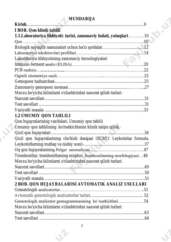 ......................................93 piuriya……...................................................................................……….....95 siydikdagi epiteliy….....................................................................................96 siydikdagi silindrlar………………………....................………………......98 surunkali buyrak yetishmovchiligini laboratoriya diagnostikasi:………....102 buyrak kasalliklarida laborator tekshiruvlar………………………………102 mavzu bo'yicha bilimlarni o'zlashtirishni nazorat qilish turlari: nazorat savollari...........................................................................................107 test savollari ................................................................................................108 vaziyatli masala ..........................................................................................109 4-bob najas va gelmintozlar laborator tahlili ……………………....109 umumiy najas tahlilini o`tkazish tartibi…………………………………...112 najasning fizik (makroskopik) xususiyatlari……………………………....112 najasning kimyoviy tarkibi.gregerson testi…………/……………………116 najasni mikroskopik tuzilishi:……………………………………………..120 najasda sterkobilinni aniqlashga sifat reaksiyasi:…………………………120 gelmentozlar laborator diagnostikasi……………………………………...130 makroskopik metodlar…………………………………………………......131 mikroskopik metodlar:…………………………………………………….131 parazitlarga antitelalarni aniqlash………………………………………….134 mavzu bo'yicha bilimlarni o'zlashtirishni nazorat qilish turlari: nazorat savollari...........................................................................................135 test savollari ................................................................................................136 vaziyatli masala ...........................................................................................138 5-bob qon bioximik tahlili. 5.1 klinik-biokimyoviy tekshiruvlar aspektlari. qon plazma oqsillarini biokimyoviy tekshirish……………………...........................................