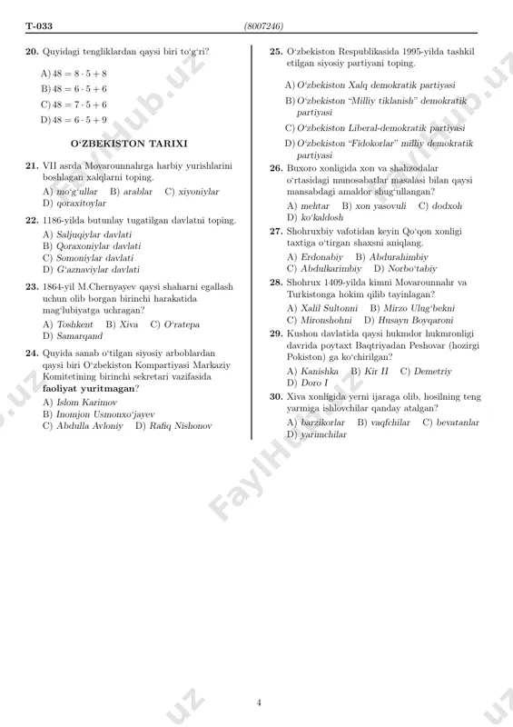 kaldosh 27. shohruxbiy vafotidan keyin qo‘qon xonligi taxtiga o‘tirgan shaxsni aniqlang. a) erdonabiy b) abdurahimbiy c) abdulkarimbiy d) norbo‘tabiy 28. shohrux 1409-yilda kimni movarounnahr va turkistonga hokim qilib tayinlagan? a) xalil sultonni b) mirzo ulug‘bekni c) mironshohni d) husayn boyqaroni 29. kushon davlatida qaysi hukmdor hukmronligi davrida poytaxt baqtriyadan peshovar (hozirgi pokiston) ga ko‘chirilgan? a) kanishka b) kir ii c) demetriy d) doro i 30. xiva xonligida yerni ijaraga olib, hosilning teng yarmiga ishlovchilar qanday atalgan? a) barzikorlar b) vaqfchilar c) bevatanlar d) yarimchilar 4 biologiya(8007246) t-033 biologiya 31. qanotlari uzun, kulrang tanali drozofilaning genotipini aniqlang. a) aabb b) aabb c) aabb d) aabb 32. erkakning otasi daltonizm bo‘yicha sog‘, onasi esa daltonizm bilan kasallangan. shu erkak somatik hujayrasining mitoz sikli telofazasining sitokinezidan so‘ng hujayradagi d (i), d (ii) allellari sonini aniqlang. a) i-2; ii-2 b) i-0; ii-2 c) i-2; ii-1 d) i-1; ii-0 33. qaysi javobda to‘g‘ri ma’lumot keltirilgan? …