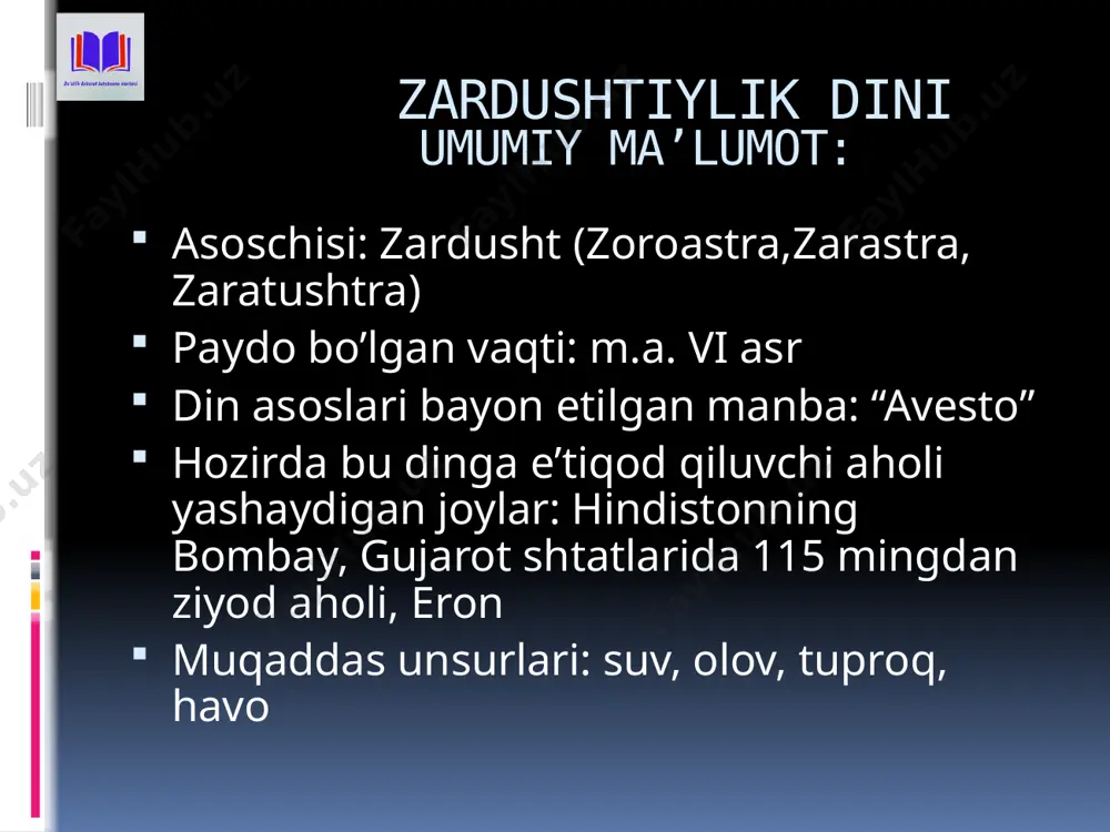 ollari va ezgu fikr xudosi 2) asha vahihsta -- olov va yuksak haqiqat homiysi 3) xshatra varya -- ma’dan va hokimiyat, qudrat homiysi 4)sienta armati -- yer va diyonat homiysi 5) xarvatat -- suv va salomatlik (anahita -- hosildorlik va suv ilohi 6) ameretat -- o’simlik va mangulik homiysi . ahura- mazda bu yordamchilarini muqaddas ruh yordamida yaratgan ular ham ahura-mazda kabi abadiylar. ama – kuch –qudrat va bahodirlik ilohi. u aksariyat hollarda iloh bahromning nomi bilan baqamti qo’llaniladi va “mahluqlar sarasi , yaxshisi “ yoxud “”zabardast” sifatlari bilan ziynatlanadi. “bahrom yasht”da iloh bahrom novvos va ot jasadning oldida namoyon bo’ladi. shunda iloh ama novvos shohida va ot peshonasida ko’zga tashlanadi. ashah (asha)—to’g’rilik ma’nosini anglatib, amshosipandlardan biri ardabihisht. “avesto”da “ashah- vahiyshta “ nomining o’zidir. “ashah” hindiy va forsiy nusxalarida rostlik , haqiqat, hakam, olam tartibi, yaratilishning abadiy qonuni, mukammal nazm va tartib , murakkab kabi ma’nolarni anglatadi. “ashah” ba’zida mazdaparastlarning …
