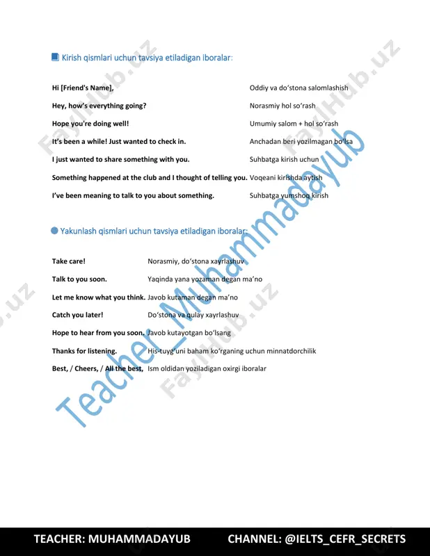 imetable change hey emma, the club’s new timetable is really inconvenient—my favorite classes now clash with work. i’m frustrated, to be honest. i think the management should survey members before making big changes and offer more flexible options. it’d show they care about everyone’s needs. catch up soon, leah teacher: muhammadayub channel: @ielts_cefr_secrets 7. task 1.1 write a letter to your friend about a new rule introduced in the club. share your thoughts and whether you think it’s fair. suggest any changes. write about 50 words. new club rule hey tom, they’ve introduced a new rule: no phones allowed in the lounge. i get the idea, but it feels a bit extreme. some of us use phones for work or emergencies. maybe a silent mode policy would be fairer. let me know what you think, ryan 8. task 1.1 write a letter to your friend about a noisy and disruptive …
