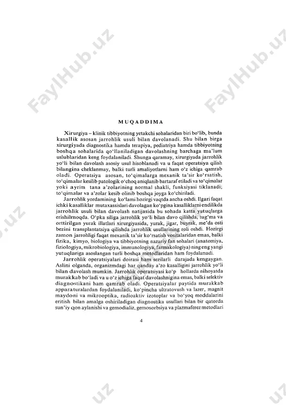 turli dav rla rda x iru rg iya fan idan a jra lib chiqdi. xirurgiyada ixtisoslashtirish tufayli xirurgik yo'l bilan davolash tobora takomillashib bormoqda. ixtisoslashtirilgan xirurgik yordam hozirgi zamon tibbiyotning asosi bo'lib qoldi. ikkinchi tomondan esa haddan tashqari ixtisoslashtirish xirurgiyani o'zlashtirishni, ayniqsa tibbiyot oliy o 'quv yurtlarida o'rganishni qiyinlashtirmoqda. xirurgiya fanining mohiyati va uni har bir vrach chuqur o'rganishi zarurligini quyidagi omillar belgilaydi: 1. xirurgiya tibbiyotning asosiy va yetakchi sohalaridan biridir, chunki xirurgik kasallar bemorlar umumiy sonining 25 foizini tashkil qiladi. 2. tibbiyot amaliyotida ko 'p incha bemorga zudlik bilan xirurgik yordam ko'rsatish hollari tez-tez uchraydi, shuning uchun ham bo'lajak vrach xirurgik kasalliklarning (ayniqsa, qorin bo'shlig'i a ’zolarining o 'tk ir kasalliklari, o'pkaning yiringli kasalliklari, tashqi va ichki qon ketish va boshqalar) simptomatikasi va diagnostikasinni yaxshi bilishi zarur. 3. tabiiy ofatlar tufayli odamlar ommaviy tarzda zarar ko 'rganlarida, transport hodisalari yoki urush bo 'lib qolgudek bo 'lsa yoki boshqa falokatlarda …