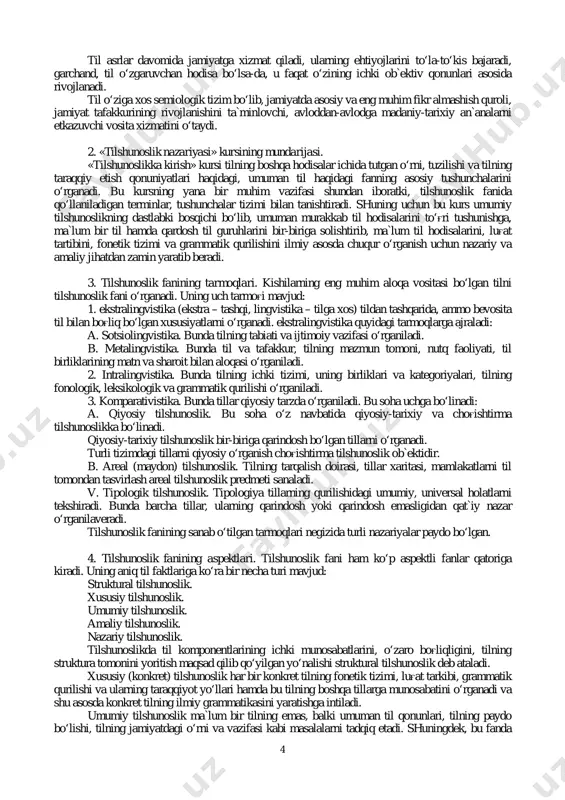 qasi o‘rganiladi. 2. intralingvistika. bunda tilning ichki tizimi, uning birliklari va kategoriyalari, tilning fonologik, leksikologik va grammatik qurilishi o‘rganiladi. 3. komparativistika. bunda tillar qiyosiy tarzda o‘rganiladi. bu soha uchga bo‘linadi: a. qiyosiy tilshunoslik. bu soha o‘z navbatida qiyosiy-tarixiy va chog'ishtirma tilshunoslikka bo‘linadi. qiyosiy-tarixiy tilshunoslik bir-biriga qarindosh bo‘lgan tillarni o‘rganadi. turli tizimdagi tillarni qiyosiy o‘rganish chog'ishtirma tilshunoslik ob`ektidir. b. areal (maydon) tilshunoslik. tilning tarqalish doirasi, tillar xaritasi, mamlakatlarni til tomondan tasvirlash areal tilshunoslik predmeti sanaladi. v. tipologik tilshunoslik. tipologiya tillarning qurilishidagi umumiy, universal holatlarni tekshiradi. bunda barcha tillar, ularning qarindosh yoki qarindosh emasligidan qat`iy nazar o‘rganilaveradi. tilshunoslik fanining sanab o‘tilgan tarmoqlari negizida turli nazariyalar paydo bo‘lgan. 4. tilshunoslik fanining aspektlari. tilshunoslik fani ham ko‘p aspektli fanlar qatoriga kiradi. uning aniq til faktlariga ko‘ra bir necha turi mavjud: struktural tilshunoslik. xususiy tilshunoslik. umumiy tilshunoslik. amaliy tilshunoslik. nazariy tilshunoslik. tilshunoslikda til komponentlarining ichki munosabatlarini, o‘zaro bog'liqligini, tilning struktura tomonini yoritish maqsad qilib qo‘yilgan …