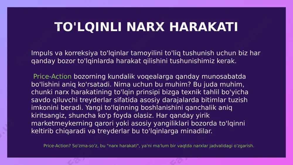 a biz nosimmetrik uchburchakda bozorga kirdik. uchburchakning qirralari orasidagi narx harakatining butun maydoni konsolidatsiya deb hisoblanishi mumkin, chunki u umumiy trend doirasida sodir bo'ladi. tushuvchi uchburchak misoli: bunday holda, uchburchakning chegaralari buzilganidan keyin pin bar ham hosil bo'ladi. trend o`zgarishi patternlari impulsiv va korreksiya to'lqinlar nafaqat trendning davom etishi uchun signal beradi. biz ulardan trenddagi zaiflikni izlash va teskari pozitsiyalarni ochish uchun foydalanishimiz mumkin. barcha trendlar oxir-oqibat tugaydi. aynan shu vaqtda teskari patternlar paydo bo'ladi. bosh va elka patternlari hozirgi trend tugaganligining kuchli belgisidir: keling, impulsiv va korreksiya to'lqinlar pattern shakllanishida qanday aks etishini ko'rib chiqaylik: oxirgi impuls to'lqini tomonidan aniqlangan yuqori narx, pasayish trendsi bilan kuzatildi. pastga tushishning birinchi to'lqinidan so'ng, korreksiya harakati paydo bo'ldi. buning ortidan bo'yin darajasining buzilishidan so'ng darhol sodir bo'lgan yana bir keskin pasayish kuzatildi. keling, quyidagi grafikni ko'rib chiqaylik: ushbu yordam darajasi vaqt o'tishi bilan qayta-qayta ishlab chiqilgan: so'nggi narxlarning oshishi aniq impulsiv ko'rindi: …