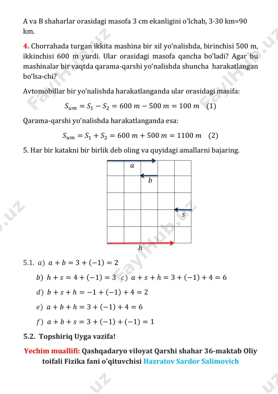 i chiziqli tekis harakatda tezlik formulasi ( ) (1)-ifodadan masofa : ( ) ga teng. (1) ifodadan vaqtni topsak: ( ) 7. ikki parallel temir yo‘ldan uzunligi 400 m, tezligi 54 km/h bo‘lgan yuk poyezdi va uzunligi 140 m, tezligi 90 km/h bo‘lgan yo‘lovchi poyezdi bir tomonga harakatlanmoqda. birinchi poyezd ikkinchi poyezdni qancha vaqtda quvib o‘tadi? ______________ to’g’ri chiziqli tekis harakatda tezlik formulasi ( ) (1)-ifodadan masofani topsak: ( ) nisbiy tezlik: ( ) birinchi poyezd ikkinchi poyezdni; ( ) vaqtda quvib o’tadi. 8. jismning tezligi 60 km/h. tezlik formulasi yordamida jadvalni to‘ldiring. vaqt, h 2/3 1,4 3,5 7,2 yo'l, km 40 180 372 ______________ to’g’ri chiziqli tekis harakatda tezlik formulasi ( ) (1)-ifodadan: ( ) ( ) ( ) ( ) ( ) vaqt, h 2/3 1,4 3 3,5 6,2 7,2 yo'l, km 40 84 180 210 372 432 9. uyga vazifa! tezlik formulasi yordamida jadvalni to’ldiring. 8- masala …