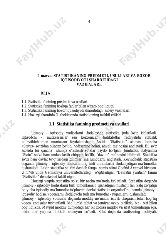 slari, mehnat unumdorligi kabi iqtisodiy ko‘rsatkichlarning miqdoriy o‘zgarishini sifat tomonlari bilan bog‘liq holda o‘rganadi. ijtimoiy xodisalar madaniy, ta’lim - tarbiya sohasidagi xodisalarni ham o‘z ichiga oladi. madaniy muassasalar, oliy va o‘rta maxsus o‘quv yurtlari, maktablar, kutubxonalarda sodir bo‘ladigan jarayonlarning miqdoriy tomoni va ulardagi o‘zgarishni ham statistika o‘rganadi. ijtimoiy taraqqiyot tabiiy resurslarga: yer maydoni, o‘rmon xo‘jaligi, tabiiy boyliklari, ulardan foydalanish darajasini ham statistika o‘rganadi. statistika tabiiy xodisalarni: zilzila, suv toshqini va boshqa tabiiy ofatlarni ijtimoiy hayot bilan bog‘liqlikda o‘rganadi. ijtimoiy hayotni siyosiy va mafkuraviy hodisalarsiz tasavvur qilib bo‘lmaydi. saylovlar, saylovda qatnashganlar soni, ovozlar taqsimoti, namoyishlar va shu kabilar statistika ob’ekti hisoblanadi. demak statistika fanining predmeti ommaviy ijtimoiy-iqtisodiy xodisa va jarayonlarning miqdoriy tomonlarini ularning sifat ko‘rsatkichlari bilan uzviy bog‘liqlikda ma’lum makon va zamonda o‘rganishdir. statistika ayrim hodisalarni emas, balki ommaviy hodisalarning miqdoriy tomonlarini ularning sifat tomonlari bilan chambarchas bog‘liq holda ma’lum makon va zamon chegarasida o‘rganadi. statistika ommaviy hodisalarni statistik to‘plam orqali …