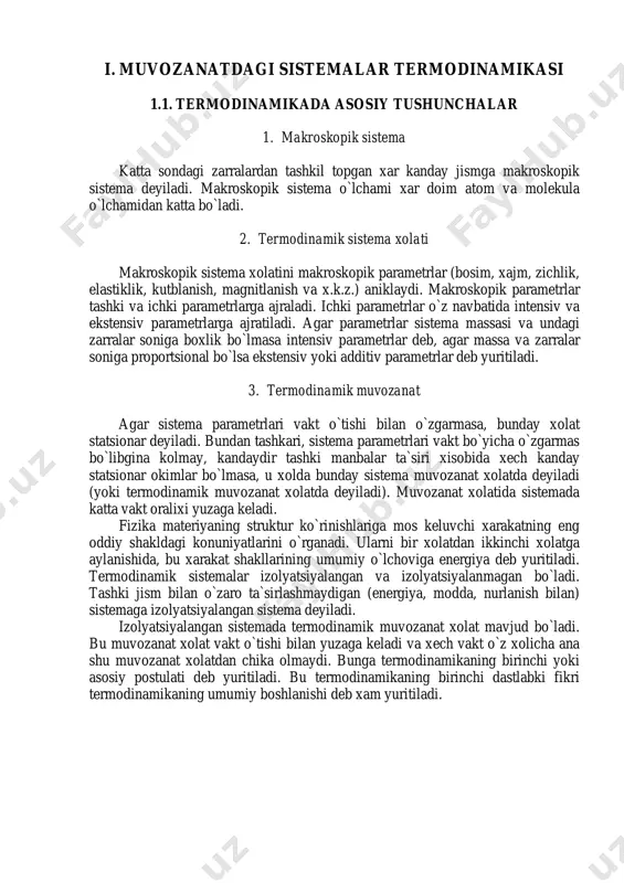anatdagi sistemalar issiklik kontaktga keltirilsa, u xolda tashki parametr λi ni farkiga yoki tengligiga karamasdan, ular ilgarigidek termodinamik muvozanat xolati koladi yoki muvozanat xolat ularda buziladi va ma`lum vakt o`tgandan so`ng issiklik almashinish (energiya almashinishi tufayli) jarayonida ikkala sistema boshka muvozanat xolatiga o`tadi. bundan tashkari, agar uchta muvozanat xolatdagi sistemalar bo`lsa va birinchi va ikkinchi sistemalarning xar biri uchinchi sistema bilan muvozanat xolatda bo`lsa, u xolda birinchi va ikkinchi sistemalar xam o`zaro termodinamik muvozanat xolatda bo`ladi (termodinamik muvozanatning tranzitivlik xususiyati). demak, sistemaning termodinamik muvozanat xolati fakat tashki parametrlar λi bilan aniklanmasdan, sistemani ichki xolatini xarakterlovchi, yana bitta kattalik t bilan aniklanadi turli xil muvozanatdagi sistemalarni issiklik kontaktida, davomiyligida va olganda xam energiya almashinishi natijasida t ning kiymati bir xil bo`lib koladi. bu fikr shunday xulosaga olib keladiki, agar boshka biror jismni foydalansak, termodinamik muvozanat xolatining tranzitivlik xossasi turli xil sistemalarni to`xridan – to`xri o`zaro issiklik kontaktga keltirmasdan turib, t ning …