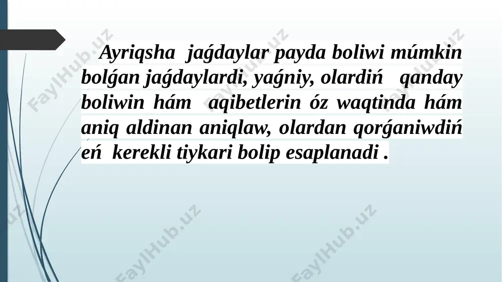 rejelestiriw rejelestiriw ayriqsha jaǵdaylar waqtinda ómir qáwipsizligin támiyinlewdiń jetekshi funktsiyasi hám orayliq zvenosi bolip esaplanadi.rejelestiriwde qáwipsizlikti tamiynlew maqsetinde ámelge asirilatuǵin is-ilajlar waqti, resursi hám is-ilajlardi orinlawshi shaxslar aniqlastiriladi . rejelestiriwde hújjet, reja dúziledi hám ol tómendegi oleklerden ibarat boladi: aniq kórsetkishler (jumis túri, is-ilajlar); usi jumislardiń orinlaniw waqti; jumislardi orinlaw ushin zárúr resurslar (túri, sani, muǵdari, deregi); jumisti orinlawshi juwapker shaxs (hár bir punkt boyinsha); jumistiń orinlaniwin qadagalaw usili. 7.6. ayriqsha jaǵdaylar aqibetlerin saplastiriw avariyalar hám tabiyǵiy apatlar aqibetlerin joq etiw, mámlekettiń avariya-qutqariw xizmetin tayar jaǵdayin támiyinlew hám de islep shiǵariw kárxanalarinda avariyalar diń aldin aliwǵa qaratilǵan is-ilajlardiń orinlaniwi ústinen baqlaw maqsetinde ózbekstan respublikasinda ayriqsha jaǵdaylar shólkemi dúzilgen. ayriqsha jaǵdaylar aqibetlerin joq etiwge qaratilǵan hámme waziypalar basqishpa-basqish, aniq izbe-izlik tiykarinda ortasha qisqa múddetler ishinde orinlaniwi lazim. birinshi basqishta xaliqti tez qorǵaw máseleleri , ayriqsha jaǵdaylar qáwipli faktlerdiń tarqaliwin sheklew hám oniń dárejesin kemeyttiriw is-ilajlari hámde qutqariw jumislarin ámelge asiriw siyaqli …
