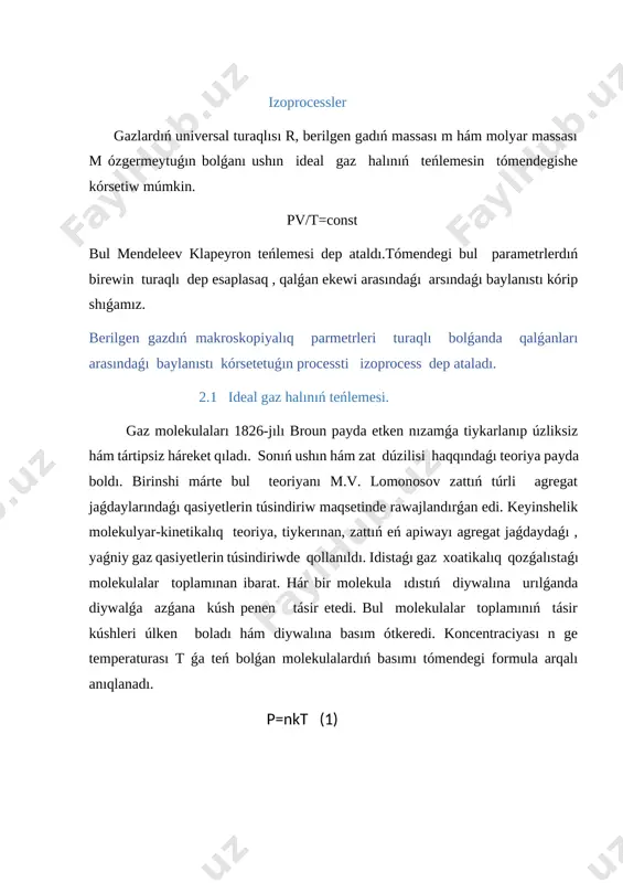dáslepki temperaturası t1 hám kólemi v1 ge teń. cilindrdegi gazdiń temperaturası t2 ge ózgergende kólemi v2 ge jetedi. bunday jaǵday 4-súwret ushın tómendegi qatnas orınlı boladı. v1/v2=t1/t2 (8) turaqlı basımda berilgen m massalı gazdiń kólemi temperaturaǵa proporcional tárizde ózgeredi. izobaralıq processs t-v diagrammada izobara menen kórsetiledi . bul nızamdı 1802 –jılı francuz alımı gey-lyussak ashqan onı gey-lyussak nızamı dep ataydı. 2.4 izoxoralıq process (v=const). kólem turaqlı bolǵanda ótetuǵın fizikalıq processler izoxoralıq process dep ataladı. yunan tilide “xoros” –“kólem” degendi anlatadı.izoxoralıq process ushın teńleme tómendegishe kórsetiledi: =const [image: c:\users\asus\appdata\local\microsoft\windows\inetcache\content.word\img_20210203_122813.png] 5-súwret [image: c:\users\asus\appdata\local\microsoft\windows\inetcache\content.word\img_20210118_164157.png] 6-súwret ishine gaz toltırılǵan porshendi qozǵalmaytuǵın etip bekkemleyik . bunday jaǵdayda gazdiń dáslepki temperaturası t1 basımı p1 ge teń dep alamız. cilindr qızdırılıp , gaz temperaturası t2 ge ózgergende basımı p2 ge ózgeredi. bul jaǵday ushın tómendegi qatnas orınlı boladı. p1/p2 =t1/t2 (9) turaqlı kólemde berilgen massalı gazdiń temperaturaǵa proporcional ráwishte ózgeredi. izoxoralıq process t-p diagrammada izoxora menen kórsetiledi. …