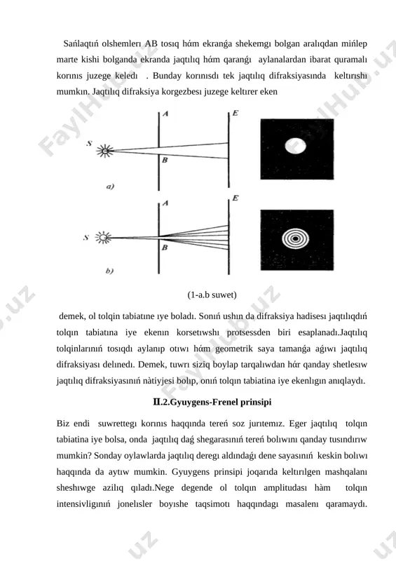 tugın zonalar sani muyeshke baylanıslı boladı. oz nάwbetıde, ekılemshi tolqınlar qosılıwı nάtijesı frenel zonalarıniń sonina baylanıslı. bizge hάr bir jup qońsılas frenel zonaları juzege keltiretuǵın terbelısler amplitudası nolge teń, qońsılas zonalardıń terbelıslerı bir-birlerını sondiradı. maksimumlar hάm minimumlar shartı. frenel zonaları sanı jup bolsa: , ( b tochka difraksion minimum (tola qaranǵılıq), eger frenel zonaları soni taq bolsa: , bir kompensatsiyalanmaǵan zonaga tuwra keluvshı difraksion maksimum guzetıledı. sonday bir, turlı joneliste sańlaq ozini bir frenel zonasi dep tutadı hάm jaqtılıq sol jonalıste eń ulken intensivlik menen tarqalıp, b tochkada orayı difraksion maksimum guzetiledı. 6 suwrettede difraksiya natijesınde intensivliktıń ekrandaǵı taqsimoti (difraksion spektr) keltırılgen difraksiyalıq reshyotkanıń duzılısı. endi koplep tirqishlardan iborat sistema menen tanısamız. bir tegislikde jatqan, keńliklerı teń moldir qanegelıklerı menen ajratılgan parallel tirqishlardan ibarat sistema difraksion reshyotka dep ataladı. eger tirqishdıń keńligine , moldır qanegelıklerı kengligini hamde dep olsaq difraksion reshyotkanıń turaqlısı (dάwri) dep ataladi. difraksion reshyotka korsetılgen suwrette apıwayı …