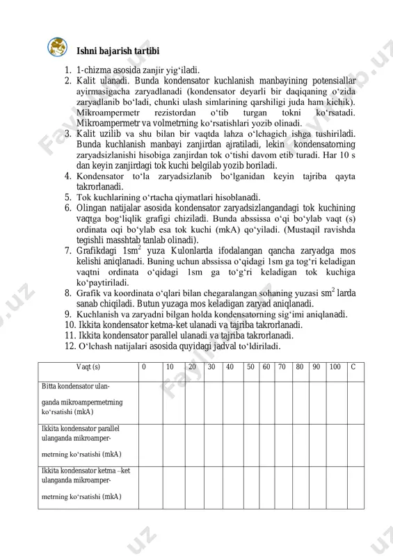0 pf atrofida). keramik kondensatorlar yuqori kuchlanishga va yuqori temperaturaga bardosh beradi (sig‘imi 10 dan 1000 pf gacha). elektrolitik kondensatorlarning sig‘imi juda katta bo‘ladi (bir necha ming µf). qiziqarli tajriba kondensator energiyani biror muddat davomida to‘play oladi, qarshiligi oz bo‘lgan zanjir orqali zaryadsizlanganda esa o‘zidagi energiyani deyarli bir zumda beradi. kondensatorning olgan energiyani berish jarayonini quyidagi tajribada ko‘rish mumkin. buning uchun tok manbayi, elektrolitik kondensator va elektr chirog‘i kerak bo‘ladi (2-rasm). laboratoriya universal ta’minlash manbaini tok tarmog‘iga ulaymiz. iste’molchilarga kuchlanish beruvchi murvatini 4 v holatiga keltiramiz. 16 vga mo‘ljallangan sig‘imi 2200 µf bo‘lgan elektrolitik kondensatorning qutblarini labaratoriya universal ta’minlash manbayining iste’molchilarga o‘zgarmas tok kuchlanish beruvchi tarmog‘iga ulang. bir zum kutgach kondensator uchlaridagi o‘tkazgichlarni elektr chirog‘i uchlariga ulaymiz va jarayonni kuzatamiz. kondensator zaryadsizlanadi va elektr chirog‘i bir zum chaqnab o‘chadi. laboratoriya universal ta’minlash manbayining iste’molchilarga kuchlanish beruvchi murvatini 6, 8, 10, 12v holatlariga qo‘yib tajribani takrorlang. elektr chirog‘ining yonish darajasiga qarab …