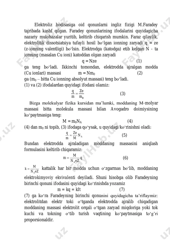 uchi va tokning o‘tib turish vaqtining ko‘paytmasiga to‘g’ri proporsionaldir. q=1s bo‘lganda, son jihatdan k=m bo‘ladi. bundan k-ning fizik mohiyati kelib chiqadi: moddaning elektrokimyoviy ekvivalenti shu elektrolitda erigan eritma orqali 1s zaryad o‘tish vaqtida elektrodda ajralib chiqqan modda massasini aniqlaydi. amalda uning o‘lchov birligi uchun 1kg/kl qabul qilingan. (7) dan elektrokimyoviy ekvivalentni hisoblash mumkin bo‘lgan ifodaga ega bo‘lamiz: k = m/it (8) bir valentli ion zaryadini (elektron zaryadi) aniqlash formulasi quyidagicha bo‘ladi: q zmn m e a  (9) faradeyning ikkinchi qonuni: moddalarning elektrokimyoviy ekvivalenti ularning kimyoviy ekvivalentiga to‘g’ri proporsionaldir, ya’ni kc. k/c=1/f (10) (10) ifodadagi f-barcha moddalar uchun bir xil bo‘lgan doimiy son hisoblanib, faradey soni deb ataladi va uning son qiymati: f=c/k=96484,56 s/mol (11) elektroliz uchun faradey qonunlarini birlashtirsak: it z m f it f c m 1  (12) yoki q z m f q f c m 1  (13) eritma orqali q=f zaryad o‘tganda elektrodda ajraladigan …