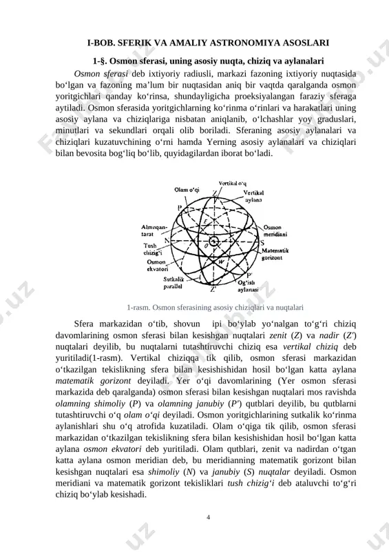 rinma harakati (yerning quyosh atrofidagi haqiqiy aylanma harakati tufayli) trayektoryasi yerdagi kuzatuvchi uchun katta aylanadan iborat bo‘lib, bu aylana ekliptika deb yuritiladi (3-rasm). ekliptika osmon ekvatori bilan kesishib, ularning tekisliklari o‘zaro ε = 23º27′ li burchak hosil qiladi. ekliptika va osmon ekvatorining kesishgan nuqtalari bahorgi tengkunlik va kuzgi tengkunluk nuqtalari deyilib, ulardan biri – bahorgi tengkunlik nuqtasi (ϒ) xut yulduz turkumida joylashadi, ikkinchisi – kuzgi tengkunlik nuqtasi () sunbula yulduz turkumidan joy oladi. eslatilgan nuqtalarni bahorgi va kuzgi tengkunlik nuqtalari deyilishining sababi, quyosh markazi bu nuqtalarda bahorda (21-mart) va kuzda (23-sentyabr) bo‘lishidandir. ekliptikaning bu nuqtalardan 90º li burchak masofada yotuvchi nuqtalari yozgi (ξ , shimoliy yarim sharda) va qishki (ξ′ , janubiy yarim sharda) quyosh turishi nuqtalari deb ataladi. bu nuqtalarda quyosh markazi 22-iyun va 22-dekabrda kunlari bo‘ladi. ekliptika tekisligiga tik qilib osmon sferasi markazidan o‘tkazilgan to‘g‘ri chiziqning osmon sferasi bilan kesishgan nuqtalari ekliptika qutblari (p va p′) deyilib, bu …