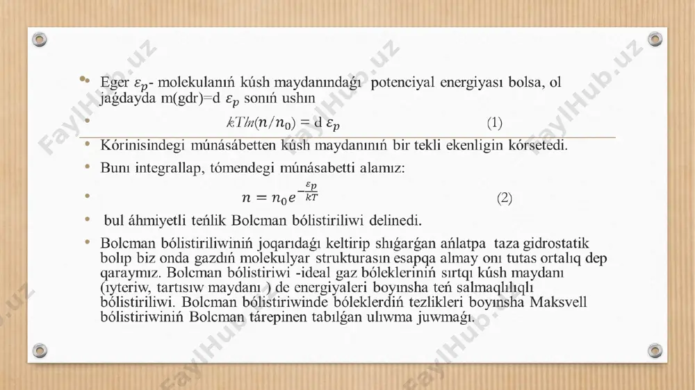 eńlemesin alıw ushın olardı quraytuǵın molekulalardıń ilgerilama, aylanba hám tebranma háreketleri hám de molekulalar arasındaǵı óz-ara tásirinleri tolıq úyrenilgen bolıwı kerek. guk nızamlıǵı elastiklik moduli temperatura hám basımǵa baylanıslı qattı deneler ushın hal teńlemesi esaplanadı. eger temperaturama graduslarda ólsheytuǵın bolsaq , ol jaǵdayda energetikalıq birlikten graduslarǵa ótkeriw ushın qanday da k koefficiyentti kiritemiz. bul jaǵdayda graduslarda hám energetikalıq birliklerde ólshenedi. temperaturalar hám de molekulalardıń ortasha kinetik energiyası tiykarında baylanısıwın tómendegishe jazıw múmkin = (1) ==kt (11) bul ańlatpadan absolyut temperaturanıń fizikalıq mánisi tómendegishe táriyplewimiz múmkin. temperatura bul fizikalıq shama bolıp, element molekulalarınıń ilgerilemeli háreketi ortasha kinetik energiyasın xarakterleydi. molekulanıń bir erkinlik dárejesine tuwrı keladigan energiya =yáki w= (12) sonday eken gaz molekulasınıń tolıq energiyası onıń erkinlik dárejesine hám absolyut temperaturasına tuwrı proporsional bolıp tabıladı. (12) formulaǵa tiykarınan bir, eki hám úsh atomli molekulanıń tolıq energiyasi = = = kórinisinde jazıladı. paydalanǵan ádebiyat a.a.abdumalikov umumiy tahriri ostida nazariy fizika kursi > …