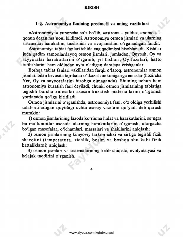 yechilishi bir necha yuz yillar, hatto ming yillar davomida yig‘ilgan materiallami o'rganish, tahlil qilish bilan bog'liq. shu bois hozircha bu sohaga tegishli bilimlarimiz farazlar, taxminlar va gipotezalar bilangina cheklanadi. 2-§. astronomiya fanining bo‘limlari hozirgi zamon astronomiya fani o'zaro bog'liq bir necha asosiy bo'limlardan tashkil topgan. quyida shu bo'limlar va ularning predmeti keltirilgan: 1. astrometriya kosmik jismlaming fazodagi ko'rinma vaziyatini va harakatini tekshiradi. vaqtni o'lchash masalalari bilan shug'ullanadi. astrometriya o'z navbatida: a) sferik astronomiya, b) fundamental astronomiya, d) amaliy astronomiya kabi bo'limlarga bo'linadi. 2. nazariy astronomiya va osmon mexanikasi butun olam tortishish qonuni va kepler qonunlari asosida osmon jismlarining haqiqiy harakatlari va orbita elementlarini o'rganadi. 3. astrofizika, samo jismlarining tuzilishi, fizik tabiatlari va kimyoviy tarkibini o'rganadi. 4. yulduzlar astronomiyasi yulduzlar, ularning sistemalari va yulduzlararo materiyaning fazoda taqsimlanishi va harakatlarini, ularning fizik xususiyatlarini hisobga olgan holda tadqiq etadi. 5. kosmogoniya osmon jismlari va ular sistemalarining paydo bo'lishi va evolyutsiyasi qonuniyatlarini o'rganadi. 6. …