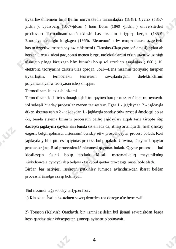 sıtqısh penen qatnastı úzedi. nátiyjede gazdiń adiabatalıq keńeyiwine imkan tuwıladı hám jumısshı dene 3-halatqa ótedi. bunda gaz óziniń ishki energiyası esabınan sırtqı kúshlerge qarsı a2 jumıs orınlaydı. 8 - súwret jumıs orınlanǵanda gazdiń ishki energiyası azayadı, nátiyjede onıń temperaturası t1 den t2 temperaturaǵa shekem túsedi. biraq, bul temperatura átiraptaǵı ortalıqtıń temperaturasınan birqansha joqarı boladı. gaz 3-halǵa ótkennen soń onıń temperaturası t2 bolǵan suwıtqısh penen qatnasqa kirisedi. bul halattan gazdi sırtqı kúshlerge qarsı 4-halatqa ótiw procesinde izotermiyalı qısıladı. bunda sırtqı kúshler gazdı qısıp a3 jumıs orınlaydı. sonday-aq, jumısshı dene suwıtqıshqa q2 jıllılıq beredi. 9 - súwret gaz 4-halǵa eriskennen keyin jumısshı dene suwıtqıshtan ajıraladı hám 1-halatqa adiabatalı túrde ótedi. bunda gaz adiabatalı qısılıp onıń ústinen sırtqı kúshler jáne a4 jumıs orınlaydı. sonday-aq, gaz temperaturası t2 den t1 ge shekem kóteriledi. 10 - súwret karno cikli boyınsha islep atırǵan jıllılıq dvigateliniń orınlaǵan paydalı jumısı apay = q1–q2 ańlatpası arqalı anıqlanadı. bunda q1 …