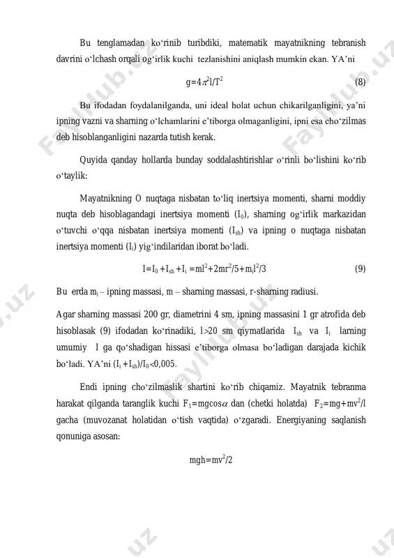 l: 2 24 t l g   formula yordamida g ni aniqlash uchun ikkita miqdorni, mayatnikning uzunligi l ni va unga mos keladigan tebranishlari t ni o‘lchash lozim. o‘lchashlar mayatnikning bir necha uzunliklari uchun kamida 3 martadan bajarilishi kerak. ba’zan og‘irlik kuchi tezlanishini (8) formula yordamida hisoblash vaqtida o‘lchash hatoligini kamaytirish maqsadida quyidagi 2-usuldan foydalaniladi. (8) formuladan ko‘rinadiki, g l t 2 2 4  (13) ya’ni tebranish davrining kvadrati mayatnik uzunligiga chiziqli bog‘liqdir. 2- usul. agar mayatnikning har hil uzunligi uchun tebranish davri aniqlansa va ulardan foydalanib, t 2 ning l ga bog‘lanish grafigi chizilsa, hosil bo‘lgan to‘g‘ri chiziqning burchak koeffitsientini bilgan holda g ni hisoblash mumkin (2-rasm). bu usulning boshqa usullardan afzalligi shundan iboratki, bunda ipning uzunligini o‘lchash o‘rniga uning o‘zgarishi l0=l-l* ni o‘lchash kifoyadir. bu esa o‘lchash hatoligini kamaytiradi. agar (13) ga l= l0+l* ni qo‘ysak, 2t 2 2t 2 1t 1l 2l l . . …