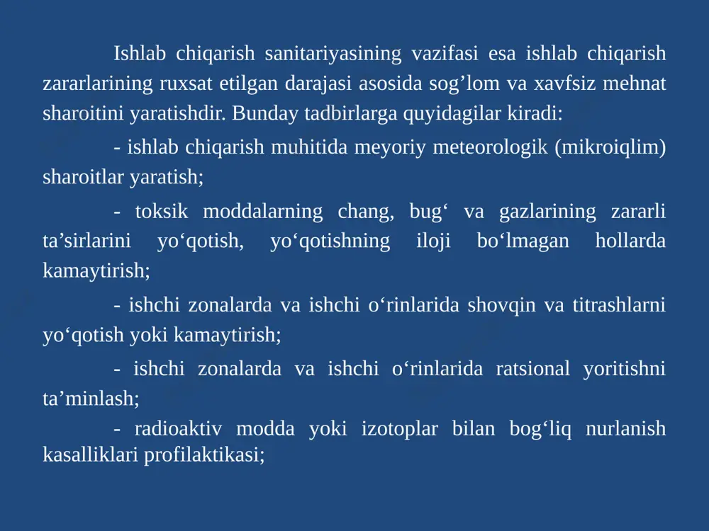 igiga olib keladi; ishlab chiqarish sanitariyasi korxona binosidagi mikroiqlimni meyorlashtirish bilan ham shug‘ullanadi. ish joylaridagi mikroiqlim asosan xona ichidagi iqlim hisoblanib, uning asosiy parametrlari – harorat, bosim, nisbiy namlik va havoning bir tomondan ikkinchi tomonga qiladigan harakati tezligi hisoblanadi. bularning meyorlari quyidagicha bo‘ladi: harorat: yengil, aqliy mehnat qilinadigan xonalarda 22-25oc, og‘ir jismoniy mehnat qilinadigan xonalar uchun 19-22oc; havoning nisbiy namligi 60-40%; havoning harakat tezligi yengil ishlar uchun 0,3-0,5 m/sek; o‘rta og‘irlikdagi mehnat sharoitlari uchun 0,5-0,7 m/sek; og‘ir jismoniy mehnat xonalari uchun 0,7-1,2 m/sek; atmosfera bosimi 450-900 mm.sim.ust. (60-120 kpa)da ishlash imkoniyati bo‘ladi. ko‘rsatilgan meyordan ortgan yoki kamaygan holdagi atmosfera bosimi sharoitida ishlashga ruxsat berilmaydi. 4.3. texnosfera havosi tarkibidagi ishlab chiqarish changlari va zaharli moddalarning inson organizmiga salbiy ta’siri, ularga qarshi chora-tadbirlar. ishlab chiqarish changlari, zaharli moddalar inson organizmiga turlicha ta’sir ko‘rsatishi mumkin va ularga qarshi choralar quyidagicha belgilanadi: nafas olish organlari orqali – nafas olish organlariga nafas olish paytida kirib, …
