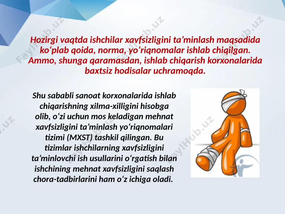 adi. komissiya tarkibiga kasaba uyushmasi texnik nazoratchisi, yuqori tashkilotning vakili, davlat nazorat organlari xodimlari va boshqalar kiradi. foydalanilgan adabiyotlar: qudratov, t.g’aniev, o’. yuldashev, g’.yo. yormatov, n. xabibullaev, f.d xudoev. «hayot faoliyati xavfsizligi» maruzalar kursi. toshkent 2005 y yuldashev o.r., sapaev sh.m., va boshqalar «hayot faoliyati xavfsizligi» fanidan amaly mashg’ulotlar. o’quv qo’llanma. toshkent 2010 y t.v. gitun, a.g eliseev i dr. «ekstremalnaya meditsina» polniy spravochnik. moskva 2006 g. o.r yuldashev, o.t xasanova i dr. «avariyno-spasatelnie raoti» uchebnoe posobie. tashkent 2008 g. image2.jpeg image3.png image4.jpeg image5.jpeg image6.gif image7.jpeg image8.jpeg image9.jpeg image10.jpeg image11.jpeg image12.jpeg image13.jpeg image14.jpeg image1.jpeg