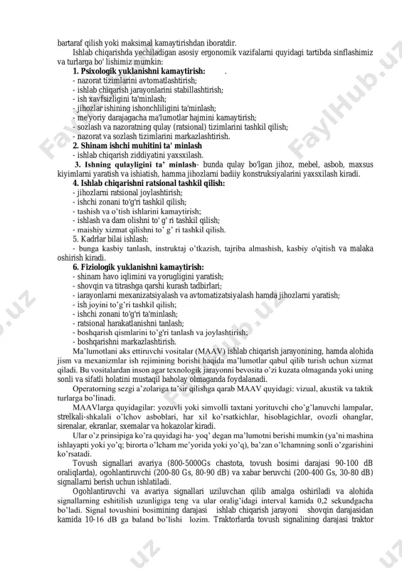 ya qilish va ko`rgazmaga qo’yilgan jihozlar nusxasi. ishchi zona va qurilmalarni ikki marta hisobga olishga yo`l qo’yilmasligi kerak. bu albatta brigada bo`lib ishlaganda chegaralar belgilanganida yo`l qo’yilishi mumkin bo`lgan hisobga olishda bo`ladi. ish joylarini tugatish yoki yangi tashkil qilishda ham yillik hisobotlarda va o`rtacha yillik ish joylari sonini aniqlaganda ham ba`zi bir qoidalarga amal qilish kerak bo`ladi. masalan ish joylari oyning 15-nchisigacha qabul qilingan bo`lsa, shu oy to’liq hisoblanadi, 15-nchisidan keyin bo`lsa, keyingi oydan boshlab hisob olib boriladi. ishlab chiqarish sanitariyasi ishchilar uchun qulay mehnat sharoitlarini yaratish bilan jiddiy shug‘ullanadi. bunga ko‘ra ishlab chiqarish korxonalari va tashkilotlarida ishchi xodimlar uchun maishiy xonalarning o‘lchamlari quyidagicha bo‘lishi belgilanadi: • garderobxona 1 kishiga 0,82 m² (bu o‘lchamlar ayrim o‘quv adabiyotlarda m² (kishi deb ko‘rsatilgan); • dushxona 1 kishiga 0,2 m²; • kiyim va poyabzallarni quritish uchun 1 kishiga 0,2 ; • ayollarning shaxsiy gigiyenasi uchun 50 kishiga 1,76 ; • lar hojatxonasi 1 …
