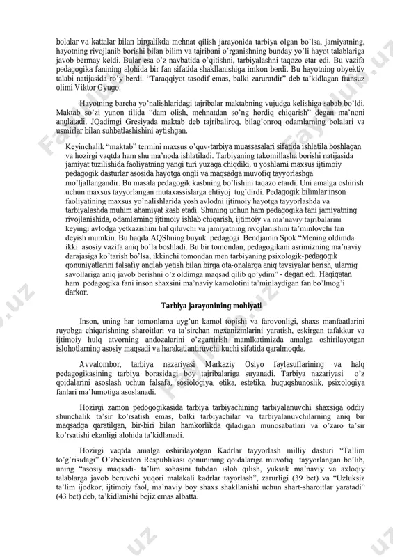 avlodga yetkazib beradi‖ deb o‘rinli ta‘kidlagan. ijtimoiy tajriba, tabiat, jamiyat, texnika va voqyealarni qayta o‘zgartirish uchun zarur bo‘lgan faoliyat ususllari haqidagi bilimlar, ko‘nikma va malakalar: insonning dunyoga, odamlarga, o‘ziga nisbatan munosabatining alohida tizimi sifatidagi tarbiyalanganliklari tarkib topgandir. ijtimoiy tajriba moddiy va ma‘naviy qadriyatlarning yig‘indisi sifatida ijtimoiy ongning turli shakllarida shuningdek, ijtimoiy munosabatlar, hulq atvor tizimida mujassamlashgan tarbiya muayyan ijtimoiy funksiyalarni bajarishga tayyor bo‘lgan shaxsni voyaga yetkazadi. inson egallab olishi lozim bo‘lgan ijtimoiy tajriba qanchalik murakkab bo‘lgani sari, bu tajribani yetkazish yuzasidan maxsus tashkil etilgan faoliyatga ya‘ni (biror ishlab chiqarishni o‘rgatishga) ehtiyoji paydo bo‘la boshladi. tarbiya mohirlik va ishning ko‘zini bilishni talab eta boshladi. tarbiyani amalga oshirish, anglash va bu sohadagi tajribalarni o‘rganishga ehtiyoj tug‘ilishi natijasida pedagogika fani yuzaga keldi. agar insoniyat tarixining ilk bosqichlarida bolalar va kattalar bilan birgalikda mehnat qilish jarayonida tarbiya olgan bo‘lsa, jamiyatning, hayotning rivojlanib borishi bilan bilim va tajribani o‘rganishning bunday yo‘li hayot talablariga javob bermay …