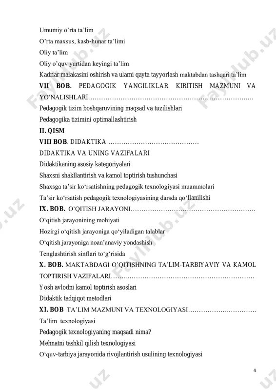 alashning nazariy asoslari integratsiyaning hozirgi zamon muammolari boshlang’ich maktabni integratsiya qilish integratsiyalangan darslarni samaradorlgini oshirish omillari xxi. bob. ta`limning interfaol metodlari interfaol darslarni tashkil etish bosqichlari interfaol metodlar asosida o’quvchilarning o’quv-biluv faoliyatini guruhlarda tashkil etish interfaol metodlar vositasida o’quv materiallarini o’zlashtirishni individual shaklda tashkil etish xxii bob. masofaviy ta`lim xxiii bob. kreativ ta`lim iii qism. xxiv bob tarbiya nazariyasi tarbiya jarayoning mazmun va mohiyati tarbiya prinsiplari tarbiyaning bir maqsadga qaratilganligi; tarbiyaning hayot, mehnat bilan bog‘liqligi; sshaxsni jamoada, jamoa orqali tarbiyalash; tarbiyada bola shaxsini hurmat qilish va unga talabchanlik; tarbiyada o‘quvchilarning yoshi o‘ziga xos xususiyatlarini hisobga olish. 8 tarbiyaviy ishlarning izchilligi, tizimliligi, birligi; xxv bob. tarbiya metodlari xxvi bob. boshlang’ich sinf o’quvchilarida ilmiy dunyoqarashni shakllantirish va rivojlantirish xxvii bob. ma’naviy-axloqiy tarbiya ma’naviy-axloqiy tarbiyaning mazmuni ma`naviy-axloqiy tarbiya vazifalari xxviii bob. nafosat tarbiyasi xxix bob. ekologik tarbiya ekologiya va uning tabiiy qonuniyatlari haqida xxxbob. huquqiy tarbiya maktabda huquqiy tarbiyani amalga oshirish imkoniyatlari. sinfdan …