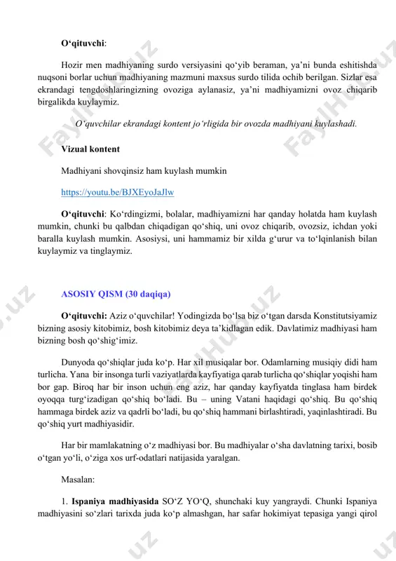 i qo‘yilganida ko‘rgan bo‘lsangiz kerak. 2. yaponiya madhiyasi – dunyodagi eng qisqa madhiyalardan biri. uning matni dunyodagi eng qadimiy madhiya matni bo‘lib, 1000 yillik tarixga ega. matn atigi 31 bo‘g‘indan iborat. bu bitta tiktok videosidan ham qisqa degani. 3. gretsiya madhiyasi esa dunyodagi eng uzun madhiya – u 158 banddan iborat katta doston. albatta, odatda bu so‘zlarning hammasi aytilmaydi – 8–12 qatori kuylanadi. lekin rasmiy matn 158 band! 4. janubiy afrika madhiyasi 5 tilda aytilgan yagona madhiyadir. u zulu, xosa, sesoto, afrikaans, ingliz tillarida kuylanadi. bu jar mamlakatining tarixi va etnik tarkibi bilan bog‘liq o‘ziga xos madhiyadir. jar shuncha rang-barang qabilalar bir mamlakatda tinch yashaydigan yurt ekanini ko‘rsatadi, ya’ni millatlar va tillar turfaligi birlashishga xalaqit bermaydi degan g‘oyani ilgari suradi. tasavvur qiling, bir darsda 5 ta tilda gaplashish kerak bo‘lsa. 5. aqsh madhiyasi aytishga juda qiyin madhiyadir. hatto professional xonandalar ham undagi baland notalarni ololmay qolishadi ko‘pincha. oddiy odamlar uchun …
