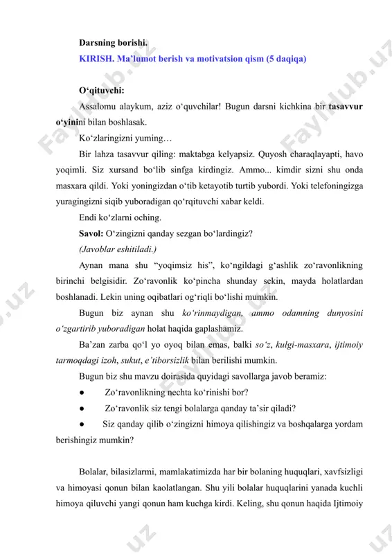 qo‘yish. 3.​ ijtimoiy bulling – guruhdan chiqarish, yolg‘izlantirish, gapga qo‘shmaslik. 4.​ kiberbulling – telefon, internet orqali xo‘rlash, rasm-video tarqatish. quyidagi 4 ta qoidani yodlab oling va amal qiling. 1.​birovga kulgu bo‘lish hech qachon mardlik emas. 2.​har bir insonning ko‘nglini og‘ritish – million bo‘lakka ajralgan oynani sindirish bilan barobar: uni qayta tiklab bo‘lmaydi. 3.​sizning hazilingiz kimningdir uyiga yig‘lab qaytishiga sabab bo‘lishi mumkin. 4.​sukut – bullingni davom ettiradigan kuchdir. tengdoshlarini bulling qiluvchi bolalar bir kuni bu ishlaridan albatta uyalib qolishadi. keling, shu haqida rolik tomosha qilamiz. vizual kontent siz bulling haqida eshitganmisiz? https://youtu.be/cigisx8pim0 o‘qituvchi: nega odamlar boshqalarni kamsitadi? o‘quvchilar (taxminiy javob): “o‘zini kuchli ko‘rsatmoqchi”, “uyida muammo bor”, “atrofdagilarning e’tiborini qidiradi”, “o‘zi ham bulling qurboni bo‘lgan”. https://youtu.be/cigisx8pim0 o‘qituvchi: ba’zan bullerlar o‘zlarining ichki qo‘rquvini, zaifligini yashirish uchun boshqaga hujum qiladi. unutmang: ●​ har bir inson hurmatga loyiq. ●​ biz boshqa o‘quvchilarni kamsitmasak, maktab xavfsiz joyga aylanadi. agar odamlar boshqa odamlarni kamsitmasalar, dunyo xavfsiz bo‘ladi. …