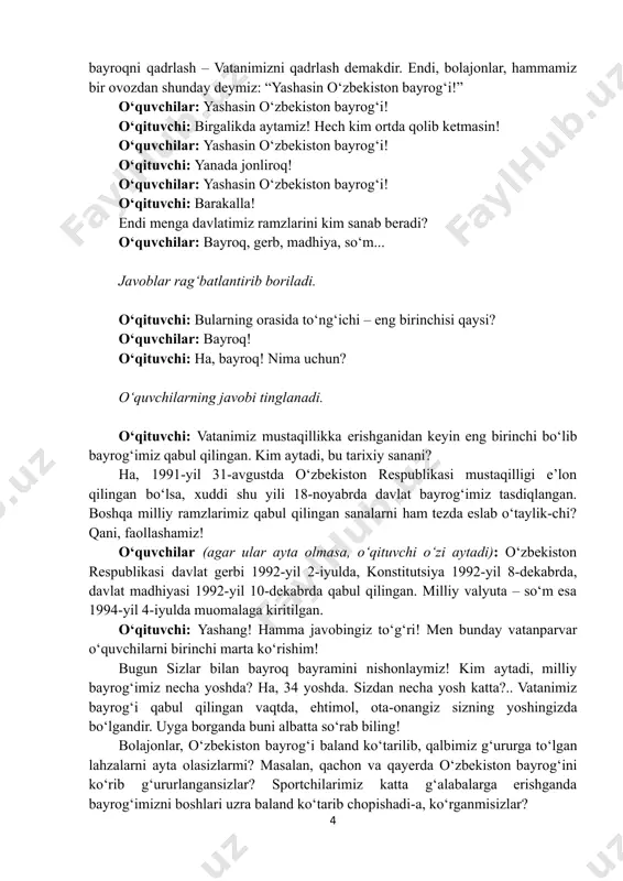 g‘alabalarga erishganda bayrog‘imizni boshlari uzra baland ko‘tarib chopishadi-a, ko‘rganmisizlar? 4 o‘quvchilar: haa! o‘qituvchi: kelinglar, hozir ular haqida video tomosha qilamiz. vizual kontent sport yulduzlari davlatimiz bayrogʻi haqida https://youtu.be/d2zaonjyoqm?si=6_7gfvdgbqn0sipz o‘qituvchi: vatanimiz bayrog‘i boshimizda mangu hilpirab tursin, deb niyat qilamiz. siz ota-onangiz yoshidan o‘tganda ham, siz bobo-buvingiz yoshiga yetganda ham! asosiy qism. (25 daqiqa) oʻqituvchi: amir temurning shunday so‘zi bor: “lashkardan bir askar tirik qolsa, u bayroqni tutib tursin!” jahongir bobomiz nima uchun bunday buyruq bergan, nima deb o‘ylaysiz? o‘quvchilarning javobi tinglanadi. oʻqituvchi: barchangizning mulohazangizda jon bor. ha, bu harbiy ruh va sadoqat haqida aytilgan chuqur ma’noli hikmatdir. bayroq azal-azaldan davlat va lashkar qudratini bildirgan. g‘urur va g‘alaba ramzi bo‘lgan. jang maydonida bayroqni tik tutish yengilmaslik belgisi hisoblangan. uning qulashi qo‘shin mag‘lub etilganini anglatgan. shu bois bayroqni jon evaziga bo‘lsa-da qo‘riqlaganlar. bu shior amir temur qo‘shinining intizomi, vatanparvarligi va sadoqatini ifodalagan. buyuk g‘alabalarga yo‘l ochgan. sohibqiron bobomizning buyrug‘i hozir ham ahamiyatini yo‘qotmagan. …