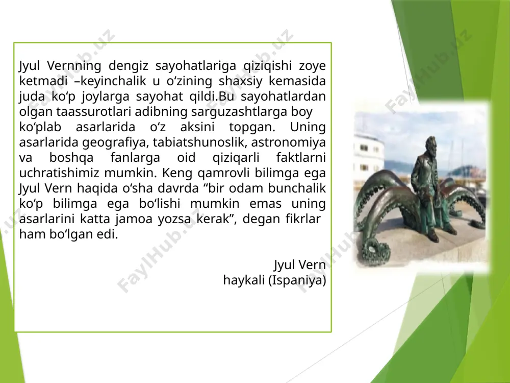 gi kapitan har kimni o‘z joyiga qo‘ya oladi. buni har kim bilib qo‘yishi kerak. negoro ta’zim qildi va zaharxanda aralash bir nima deb ming‘illadi-da, kambuziga qarab jo‘nadi. uning nimalar deganini hech kim tushunolmadi. botsman – kemadagi jihozlarning sozligiga javob beradigan shaxs port – qirg‘oqdagi kemalar turadigan joy savollar 1. sizningcha, “piligrim”dagilar endi qanday yo‘l tutishadi? dik send nima qiladi? 2. negoro nima sababdan o‘zini bunday tutyapti deb o‘ylaysiz? uning maqsadi nima bo‘lishi mumkin? kapitan gul yana to‘rt-besh yil o‘tsa, dik send qiyin bo‘lsa ham, lekin qiziqarli dengizchilik hunarini astoydil egallab olgan, kapitan gul har kuni ishlatadigan, kemaning okeanda turgan kengligini aniqlab beradigan sekstant nomli asbobni ishlatishni ham o‘rgangan bo‘lardi.grinvich meridianining vaqtini ko‘rsatuvchi xronometr degan asbob kapitan gulga uzunlik nuqtasini ko‘rsatib berardi. quyosh uning yaxshi maslahatchisi edi. oy bilan yulduzlar unga: “kemangiz falon joyda turibdi!” deb aytardilar. eng aniq va sira xato qilmaydigan soat bo‘lgan osmon va undagi soat millari bo‘lmish …