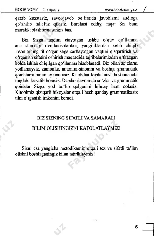 30, 50, 80 yoki 100 tadan kuniga so‘z yodlagansiz, mashqlar bajargansiz, son sanoqsiz testlar yechgansiz ob-havo qanday bo‘lishidan qat’iy nazar darslarga yo‘l yurib borgansiz, endi hammasini unutasiz. kitobimiz orqali istagan vaqtingizda va istagan joyingizda o‘rganishingiz mumkin! aziz talaba, siz 6 oy davomida kitobdagi darslami eshitib, o‘qib, tushunib borar ekansiz o‘zingizni haqiqiy inglizdek tuting. shuni maimrnniyat bilan ayta olamizki kitobimizni 1 yil oldin tajribadan o‘tkazganimizda 100% o‘quvchilar natijaga erishdilar. ular tillarda ravon, hech qanday xatolarsiz tahlil qilmasdan judaham tez gapiradilar. tajriba uchun yo‘llangan o‘quvchilarimizdan 98%i ingilcha fikrlayotgan edilar. ha to‘g‘ri tushundingiz, o'quvchilarimiz o'rgangan tillarida o‘z ona tilidek gapirish bilan birgalikda inglizcha o‘ylash, ya’ni ular xattoki fikrlash vaqtida ham ingliz tilida fikrlashdi, bu esa biz kutgan natijani o‘zginasi. beijlgan darslardan xohlagan joyingizda uyda, yo‘lda, kimnidir kutayotganingizda yoki boshqa vaziyatlarda ham foydalanishingiz mumkin, yana bir narsa eshitayotganingizda kayfiyatingiz yaxshi bo‘lsin. eshitishdan oldin yoqtirgan musiqangizni eshiting, o'ynab olsangiz ham mayli. sayr qilib eshitish esa …