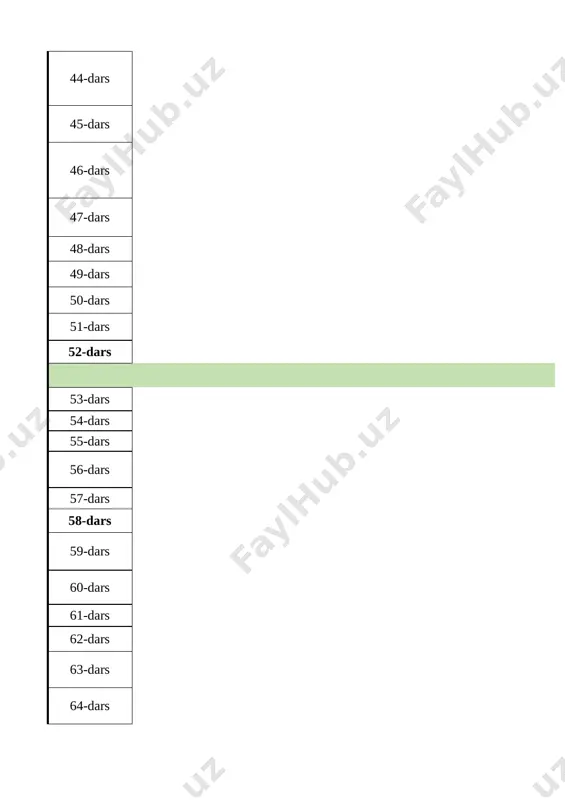 rish to‘pni ikki qo‘l barmoqlarida yuqoridan tepaga oshirish. to‘pni yuqoridan to‘r orqali ikki qo‘l bilan uzatish (juftlikda bajariladi). 1 41-dars voleybol. to‘pni yuqoridan to‘r orqali ikki qo‘l bilan uzatish. birinchi qator o‘yinchilarning o‘zaro harakatlari 1 42-dars 5-nazorat ishi. voleybol 1 43-dars basketbol. to‘pni joyda turib sakrtish mashqlari; to‘pni chap va o'ng qo‘l bilan olib yurish, to‘pni yuqori va past sakratish bilan olib yurish. 1 44-dars basketbol. to‘pni chap va o'ng qo‘l bilan olib yurish, to‘pni yuqori va past sakratish bilan olib yurishlarini takomillashtirish. to‘pni sherigiga turgan joyda va harakatda uzatish va qabul qilish. 1 45-dars basketbol. to‘pni sherigiga uzatish va qabul turli usullarini bajarish, to‘pni yuqori va past sakratish bilan olib yurish. to‘pni “8” shaklida olib yurish. 1 46-dars basketbol. turli nuqtalardan to‘pni ikki qo‘lda ko‘krakdan halqaga tashlashni takomillashtirish jarima chizig‘idan to‘pni ikki qo‘lda ko‘krakdan halqaga tashlashni takrorlash. 1 47-dars basketbol. to‘pni olib yurib shit tagidan halqaga tashlash; harakatda to‘pni …