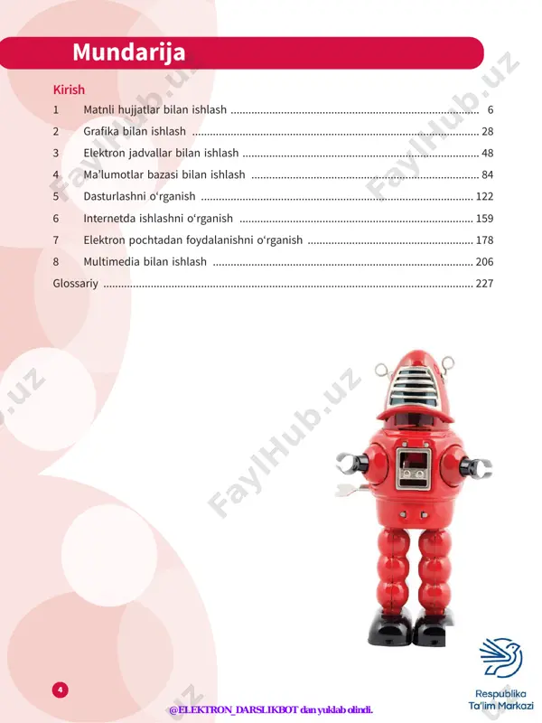 ...................................... 122 6 internetda ishlashni o‘rganish ............................................................................... 159 7 elektron pochtadan foydalanishni o‘rganish ........................................................ 178 8 multimedia bilan ishlash ........................................................................................ 206 glossariy ............................................................................................................................. 227 @elektron_darslikbot dan yuklab olindi. 5 kitobdan foydalanish qoidalari har bir modul bir nechta rukndan iborat. ularning qisqacha mazmuni bilan tanishing. modul maqsadlari: modulda oʻrganiladigan asosiy bilim va koʻnikmalar. bu modulda quyidagilarni oʻrganasiz: 1 koʻrsatmalarning qisqa tartibini rejalashtirish (algoritm) 2 koʻrsatmalar tartibi asosida dastur yaratish kalit soʻzlar: mavzuga oid muhim va foydali soʻzlarning ta’rifi. ochiluvchi roʻyxat: tanlash mumkin boʻlgan turli ma’lumotlar roʻyxati berilgan katak. kalit soʻzlar bilasizmi?: qiziqarli maʼlumot va faktlar. qidirishlardagi yulduzcha ( * ) almashtirma belgisi deb ataladi. bilasizmi? maslahat: vazifani bajarishingiz uchun zarur tavsiyalar. tasvir belgilanganda uning chetida hoshiya paydo boʻladi. maslahat masala: o‘quv dasturiga kiritilmagan va nisbatan murakkab mashg‘ulotlar. masala ssenariy: modulda oʻrganganlaringizni hayotiy vaziyatlarda qo‘llashingizga yordam beruvchi mashg‘ulotlar. “mehnatning tagi – rohat!” ssenariy 6-amaliy koʻnikma amaliy koʻnikma: egallagan bilim va ko‘nikmalaringizni sinash …