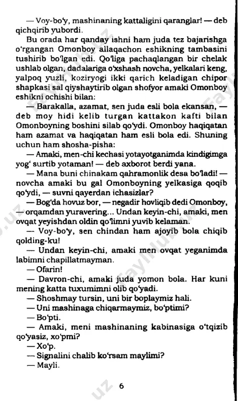 o*pti. — amaki, meni mashinaning kabinasiga o'tqizib qo'yasiz, xo'pmi? — xo*p. — signalini chalib ko'rsam maylimi? — mayli. 6 amaki bilan omonboy mana shunga o bes hash ba’zi bir muhim narsalar haqida o‘zaro bitimga kelishib, bog‘ etagidagi kattakon hovuzdan chelakni toldirib suv olib chiqqunlaricha, hamma narsaga birinchi bo'lib ulguradigan, oyog'i chaqqon davronboy allaqachon mashinaning oldiga yetib borgan edi. bunday qarasa, mashina haddan tashqari katta orqasida pritsepi ham bor, ustiga katta odamlaming ham qulochi yetmaydigan trubadan ikkitasini yuklab qo^ishgan ekan. pritsepdagi bauonning dami chiqib ketib, ulkan trubalar bir tomonga sal og'ib, hatto yiqilay-yiqilay deb turgan ekan. davronboy ko'p mashinalarning ustiga chiqqan. bir xillarining signallarini ham chalib ko*rgan edi-yu, lekin bunaqangi bahaybat mashinaga hech chiqmagan edi. bir chiqib maza qilmoqchi boluvdi, hech ilojini topolmadi. shuninguchun ham mashinaning atrofida gir ayianib yuraverdi. bu orada omonboy bilan noveha amaki kelib qolishdi. novcha amaki dami chiqib ketgan ballonga qarab uzoq tikilib qoldi, bosh chayqadi, keyin …