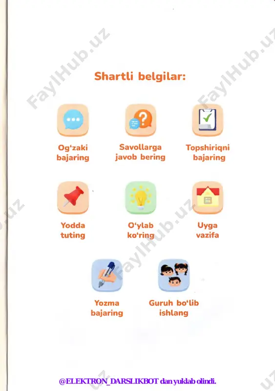 jyash so‘z turkumlari 2-mavzu namuna: shaxs-narsani bildirgan so'ztar: imron, ... belgini bildirgan so'zlar: orasta, ... sanoq va tartibni bildirgan so‘zlar: ... harakatni bildirgan so'zlar: ... 9-mashq avval shaxs-narsani, keyin belgini, so‘ngra sanoqni va undan keyin harakatni bildirgan so‘zlarni yozing. ularga so'roq bering. shaxmat - san’at, falsafa, mantiq, hisob ilmlarini o‘zida jamlagan sport turi. u intellektual o'yinlar ichida eng mukammali va murakkabi hisoblanadi. xabaringiz bor, avgust oyida hindistonning chennay shahrida o'tkazilgan 44-butunjahon shaxmat olimpiadasida terma jamoamiz olimpiada chempioni degan sharafli nomga sazovor bo ldilar. shaxmat so‘ziga sinkveyn tuzing. 1. nima? - 4. gap. 2. qanday? - 5. ma’nodosh so‘z. 3. nima qiladi? - @elektron_darslikbot dan yuklab olindi. 3-mavzu so‘z turkumlari 10-mashq. rasmli diktant. berilgan rasm asosida hikoya tuzing va unga sarlavha toping. tuzgan hikoyangizda shaxs-narsaning nomini, belgisini, sanog‘ini va harakatini bildirgan so‘zlar ishtirok etsin. 11-mashq. testlarni yeching. 1. nutq nimalardan tuziladi? a) gaplardan d) harflardan b) so'zlardan e) matnlardan 2. matn …