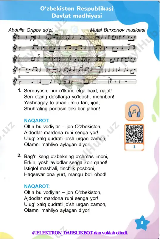 ning eng murakkab janri. uni ijro etish uchun nafas olish texnikasini o'zlashtirish, nafasni to‘g‘ri ishlatishni bilish kerak. nafas olish texnikasini rivojlantirish mashqlarini bajaring. 1. “diafragmatik” mashqi chalqancha yotib, bir qo'lingizni ko'ksingizga, ikkinchisini qorinning pastki qismiga qo'ying. chuqur nafas oling, bunda faqat qorin qimirlasin, ko'ksingizdagi qo‘l harakatsiz qolishi kerak. bunday nafas olish diafragmatik deb ataladi va vokal xonandasi uchun yagona to‘g‘ri nafas olish usuli hisoblanadi. ushbu mashqni yotgan holda bajarib bo'lgach, tik turib ham bajarish mumkin. nafas olish * @elektron_darslikbot dan yuklab olindi. 2. “shamni o'chirish” mashqi mashq tik turgan holda bajariladi. chuqur, to‘g‘ri nafas oling va o‘zingizni go'yo sham o'chirayotgandek tasavvur qilib, labingiz bilan havoni bir maromda va sekin puflab chiqaring. 3. “kuchukcha” mashqi kuchuk jazirama issiqda qanday nafas olishini tasavvur qiling. ko‘zgu oldiga q o ‘yn gan stulga o‘tiring va orqa tomonga suyaning. yelkangiz va bo'yningizni bo'sh qo'ying. “xo-o-o” bo g'inini aytayotganda xuddi kuchukcha singari og‘iz orqali bir necha …