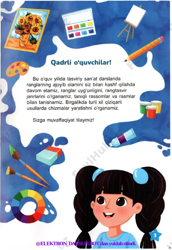 uqtalar qo‘yib chiqadilar, ammo tasvirga uzoqroqdan qaralganda, ranglar qorishib, yaxlit manzara hosil bo'ladi. @elektron_darslikbot dan yuklab olindi. nuqtalar yordamida chizamiz @elektron_darslikbot dan yuklab olindi. 6-dars grafika grafika - tasviriy san’atning bir turi bolib, unda tasvir chiziqlar, konturlar, shtrixlar va dog'lar yordamida hosil bo'ladi. odatda, rasm bitta rangda chiziladi. “grafika” so‘zi “yozaman, chizaman” degan ma’nolarni anglatadi. grafika tasvirini qalam, ko'mir, bo‘r, tush, ruchka, flomaster bilan yaratish mumkin. shtrix - bu chizgi, qisqa chiziq. shtrixlar ingichka va qalin, uzun va qisqa, egik va kesishgan bo'lishi mumkin. p / j shtrixlashni turli yo‘llar bilan bajaring gorizontal vertikal shtrixlar shtrixlar rasm chiziq bilan boshlanadi. chiziq rasmning kontur shaklini hosil qiladi. chiziqlar qanday bo(ladi? sizningcha, chiziqlar kayfiyatni ifodalashi mumkinmi? kesishgan shtrixlar egik shtrixlar @elektron_darslikbot dan yuklab olindi. grafika 6-dars @elektron_darslikbot dan yuklab olindi. grafik natyurmort @elektron_darslikbot dan yuklab olindi. grafika pastel ranglarda chizamiz @elektron_darslikbot dan yuklab olindi. 8-dars “kuz jilvalari” loyihasi loyiha uchun quyidagilarni tayyorlang: …