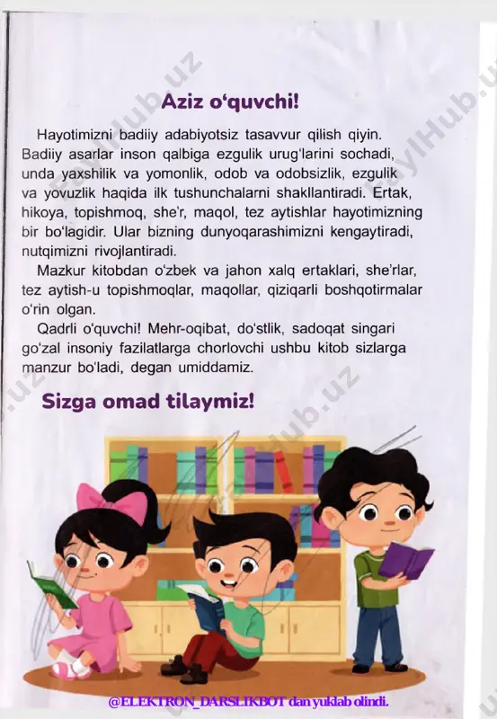 ish uchun bir daraxt tagida to‘xtashibdi. shunda uch ulov bahs boylashib qolibdi: - men ikkovingdan ham kuchliman, - debdi qolganlariga nisbatan kattaroq ulov. -tog 'da, qorda, shaharda - hamma joyda qiynalmasdan yuraman. qaddim baland, hurmatim, obro‘-e’tiborim ham hammangiznikidan yuqori, -d e y a kerilibdi. buni zimdan kuzatgan bejirim uzungina ulov ko'zlarini suzib: - hammadan chiroyli ekanimni bilib turibsizlar-u, tan olgingiz kelmaydi-da. aslida hamma mashinalarning - menga havasi keladi, - debdi. @elektron_darslikbot dan yuklab olindi. 2-mavzu chin do‘st oliftagarchilik qilgan ulovning oxirgi gaplarini safdoshlari eshitmabdi ham. uchinchi ulov esa indamabdi. “kimning qanaqaligini vaqt ko‘rsatadi”, - deya jimgina yo‘lga tushibdi. uchala mashina yana yo‘l yuribdi, yo‘l yursa ham mo‘l yuribdi. bu orada mag‘rur katta ulovning yoqilg‘isi kamayib qolibdi. bundan g‘azablangan ulov to'xtab- to‘xtab yura boshlabdi. bejirim uzungina ulov esa ajab bo‘libdi degandek, labini burgancha o‘tib ketibdi. uchinchi ulovning esa ko‘z oldiga o ‘zidan oldin ishlab chiqarilgan ulovlar kelibdi. ular doimo hammaga yaxshilik …