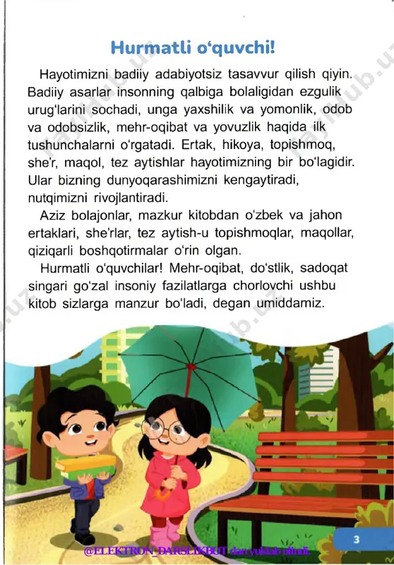 d oling. “aziz ustozim” (hikoya) 1. sentabr oyida ilk bor maktabga qadam q qo‘yganingizni eslaysizmi? sh 2. birinchi marta 5 baho olganingizdagi sh taassurotingizni eslay olasizmi? bu bahoni kimlarga ko‘rsatgansiz? 3. bugungi kamolotingizda harf tanitgan ustozingizning o‘rni beqiyos. birinchi ustozingiz uchun maktub yozing. barcha dil so‘zlaringiz, shirin xotiralaringizni qog‘ozga tushirishga harakat qiling. l a k -la k yurguncha laylak, t o ‘qid i yangi ertak. @elektron_darslikbot dan yuklab olindi. opa-singillar 3-dars kasb turlari haqida fikringizni ayting. kasblar orasida eng muhimi qaysi kasb deb o'ylaysiz? opa-singillar madina va maftuna ismli qizaloqlar bor bo‘lib, ular juda qiziquvchan opa-singil edilar. har kuni qizlar ota-onalariga juda ko‘p savollar berishar, ular esa qizlarining savollariga javob berishga ulgurishmas edi. shunday bo‘lsa-da, savollarning keti uzilmasdi: - nima sababdan? - nimaga? shunday qilib, bir kuni qizlar hovliga, undan ko‘chaga chiqib o ‘y n a s h d i. madina cho‘ntagidan konfet olib, qog'ozini ochdi-da, tezda og'ziga soldi va …