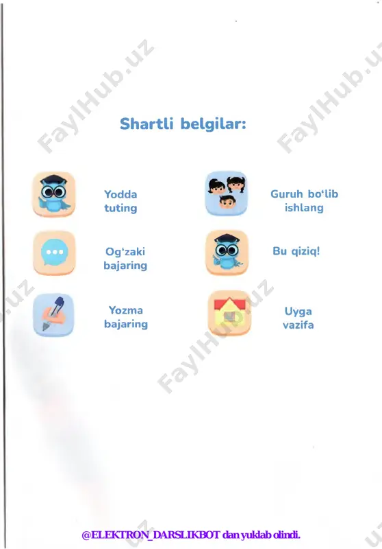 o qilgan. sinf doskasi ilk bor xix asrda paydo bo'lgan. 8-mashq. savollarga javob bering. 1. matn nima? 2 . matn nimalardan tuziladi? 3 . matn va gap o ‘rtasida qanday farq bor? 4. gaplarning oxiriga qanday tinish belgilari qo'yiladi? 9-mashq. kuzda tabiatda bo‘ladigan o‘zgarishlar, dehqon va bog‘bonlarning yumushlari haqida kichik hikoya tuzing. @elektron_darslikbot dan yuklab olindi. 2-dars matn 10-mashq. rasmli hikoyani o'qing. malika dan keldi-yu, onasiga uy ishlarida yordam berdi. keyin sidan larini olib, darslarini tayyorlay boshladi. ona tilidan “hayvonot bog‘i” mavzusida matn tuzish kerak. 0 ‘sha kuniyoq malika dadasidan ga olib borishini iltimos qildi. ular chipta sotib olib, bog‘ga kirib borishdi. avval larni, keyin larni tomosha qilishdi. so'ngra % ^ p' tomosha cli,ishdi- nin9 ran9‘ barang, chiroyli ekanini, ' ^ ning suvda suzishini, oq va qora larni, oq, kulrang va momiqqina h " ko‘rib zavqlanishdi. @elektron_darslikbot dan yuklab olindi. matn 2-dars & ning quloqlari uchburchak, biroz cho'zilgan, uchi o'tkir, …