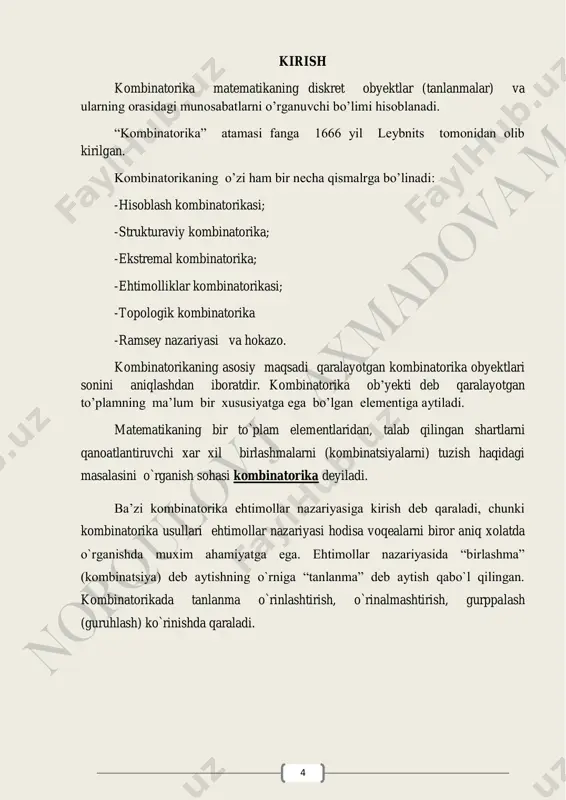 in. faraz qilaylik ikala toshdagi sonlar ham juft bo‟lsin: birinchi toshdagi son larning biriga teng bo‟lganda ikkinchi toshdagi sonlar ham lardan biri bo‟lishi kerak. demak, natija xil ekan. faraz qilaylik ikala toshdagi sonlar ham toq bo‟lsin: birinchi toshdagi son larning biriga teng bo‟lganda ikkinchi toshdagi sonlar ham lardan biri bo‟lishi kerak. demak, natija xil ekan. shunday qilib, umumiy natija ga teng ekan. 8 i.2. ko`paytirish qoidasi. agar biror narsani m usul bilan tanlab so`ngra narsani k usul bilan tanlash mumkin bo`lsa, u holda bir juft va narsalarni usulda tanlash mumkin. isbot:faraz qilaylik berilgan to‟plam elementdan iborat bo`lib ikkita qism to‟plamga ajratilgan bo‟lsin; ulardan birida ta maaa ,,, 21  elementlardan, ikkinchisi ta kbbb ,,, 21  elementlardan iborat bo‟lsin. endi har bir qism to‟plamdan bittadan elementni bir-biriga bog`liq bo`lmagan holda tanlab olinsin. bunday tanlab olishni necha xil usulda tashkillashtirish mumkin? bu savolga quyidagi mulohazalar orqali javob topamiz. ushbu jadvalni qaraylik.u …