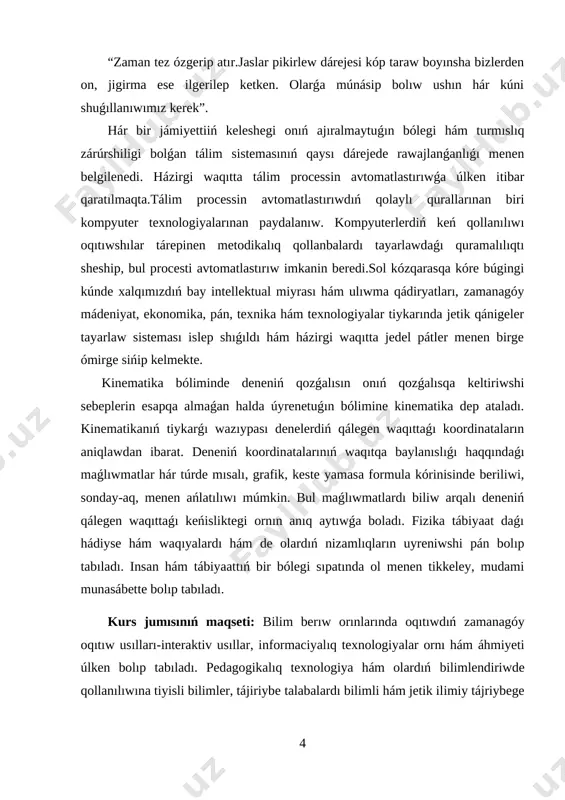 ı júzege keltiretuǵın sebepler bolǵan kúshlerdiń tásiri esapqa alınbaydı. “kinematika” sózi grekshe “kinematos” sózinen alınǵan bolıp, “qozǵalıs” degen mánisti bildiredi. biz kinematikanı úyreniw ushın zárúrli túsinik (materiallıq noqat, esaplaw sisteması, traektoriya) hám shamalar (jol, orın awıstırıw, waqıt, tezlik, tezleniw) haqqında túsinikke iye bolamız. keyinirek deneler qozǵalısı haqqında, kinematikaǵa tiyisli ápiwayı máselelerdiń qalay sheshiletuǵınlıǵın bilemiz. átirapımızdaǵı denelerdiń qozǵalısı quramalı kóriniske iye bolıp, olardı úyreniw hám sızılmalarda ańlatıw ushın qozǵalıstıń eń ápiwayı kórinislerin tallawdan baslaymız. eń ápiwayı túrlerin qozǵalıs-bul tuwrı sızıqlı teń ólshewli qozǵalıs bolıp tabıladı. eger tuwrı sızıqlı qozǵalatuǵın materiallıq dene qálegen teń waqıtlar aralıǵında birdey aralıqlardı basıp ótse, onıń bunday qozǵalısı tuwrı sızıqlı teń ólshewli qozǵalıs dep ataladı. ózgermeytuǵın tezliktegi deneniń qozǵalısı teń ólshewli qozǵalıs bolıp tabıladı. eger avtomobil teń ólshewli qozǵalıp, hárbir minutta 1,5 km joldı basıp ótetuǵın bolsa, 2 minutta 3 km, 5 minutta 7,5 km, 10 minutta 15 km, 30 minutta 45 km, 1 saatta 90 km …