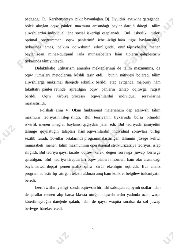 n. bul álbette baslanǵısh klass oqıwshılarına mólsherlengen. olar bul jasda oyınshıl, tez zerikedi, dıqqatı tarqaq boladı. oyın arqalı olardı sabaqǵa, temaǵa tarta alıwımız múmkin.baslanǵısh klass oqıwshıları jas bolǵanı ushın olarǵa ápiwayı tilde túsinikli halda bilim beriw hám sabaqlarda oyın elementlerinen paydalanıw kerek. bala ómiriniń tiykarǵı bólegi oyın menen ótedi. oyınlar tek didaktikalıq qural bolmay, bala ómiriniń tiykarǵı forması bolıp tabıladı. sol sebepli biz oyındıń názik táreplerin iyelemey turıp, oyın iskerligin basqarıwdı úyrenbey turıp aldımızda turǵan juwapkershilikli wazıypalardı sheshe almaymız. pedagogikalıq texnologiyalar oqıtıw nátiyjesi oqıtıwshı shaxsınan kóre kóbirek studentke, onıń ǵárezsiz oqıwına baylanıslılıǵın ayqın ashıp beredi. haqıyqattan da, yuneskonıń tálim hám informatika boyınsha ekinshi kongressi (moskva, 1996 ) hám pútkil rossiya “telematika-96” ilimiy-metodikalıq konfrenciyası (sankt-peterburg, 1996 ) materiallarında aytıp ótkenindey, jańa informaciya quralı jáne onıń múmkinshilikleri menen tolıq qurallanǵan student oqıw materialınıń 70 -90 payızın ǵárezsiz ózlestire alad. b. blum izertlewlerinde bolsa bul kórsetkish 75 procent shegarasında anıqlanǵan. bunnan kórinip turıptı, …