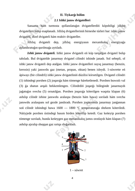m kosmik raketalar dvigatel járdeminde háreketlenedi. reaktiv dvigateller tómendegi tiykarǵı bóleklerden turadı: janarmay bagi, janarmay janatuǵın kamera, janarmaydı kameraǵa jetkerip beretuǵın hám janarmay janǵanda payda bolǵan gazdi sırtqa shıǵaratuǵın (soplo) bóleklerden turadı. 5 -súwrette reaktiv dvigateldiń sxemalıq kórinisi berilgen. [image: image9.png]5 – súwret kosmik kemeler reaktiv dvigateldiń janarmayı da, jumısshı denesi de hám ózi de boladı. sol sebepli, onıń islewi átiraptaǵı ortalıqqa baylanıslı bolmaydı. 2.3 puw trubinası hám onıń dúzilisi [image: image10.png]puw trubinasınıń bir basqıshınıń ulıwma kórinisi (12 - súwret) de kórsetilgen. trubinanı basqıshı eki tiykarǵı bólekten shólkemlesken. párikleri rotorga ornatılǵan - jumısshı dóńgelek hám párikleri statorga ornatılǵan - búrkegishli apparat. aǵımdı háreket baǵdarları boyınsha jumısshı dene hákisial, radial, perpendikulyar puw trubinalarǵa bólinedi. konturları boyınsha trubinalar bir, eki, úsh konturlılarǵa bólinedi. ayırım jaǵdaylarda 4 hám 5 konturlı trubinalar da isletiliwi múmkin. 12– súwret. puw trubinasınıń bir basqıshınıń ulıwma kórinisi kóp konturlı trubinalar úlken ıssılı ózgeriwinen paydalanıw imkaniyatın beredi. mámleketimizde teńsiz …