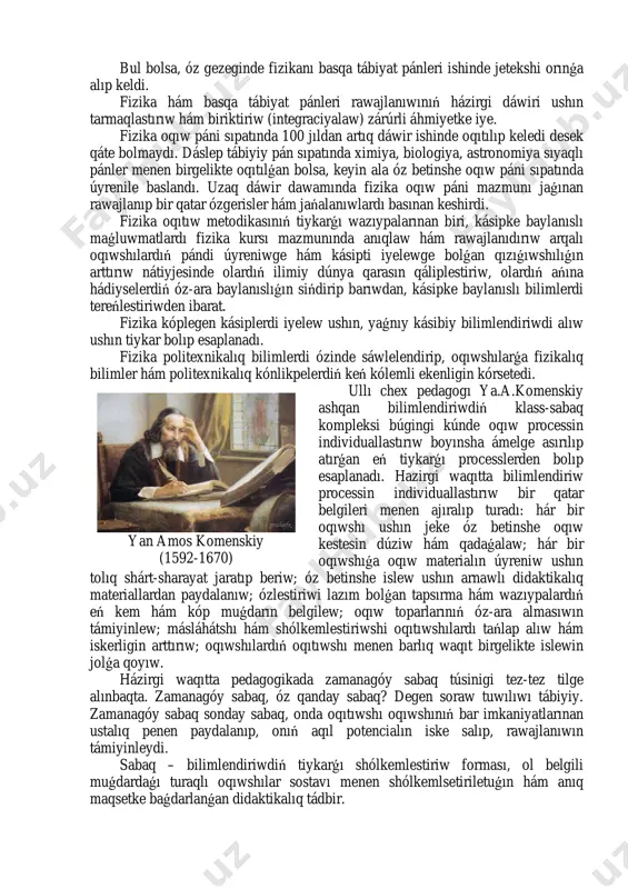 tı oqıtıw processii keńeyip hám quramalasıp baradı. i̇limiy bilimlerdiń artıp barıwı, pánlerdiń tarmaqları kóbeyip barıwı bolsa, oqıw predmetleriniń hám olardıń mazmunınıń keńeyiwine alıp keledi. bul processler óz náwbetinde pedagogikanıń jańa tarmaqları, jańa oqıw predmetleri metodikasınıń payda bolıwına sebep boldı. oqıtıwdıń barlıq usılları oqıtıwdıń ulıwma teoriyası, yaǵnıy didaktikaǵa tiykarlanadı hám sol sebepli, olardı jeke didaktika dep te ataydı. jeke didaktikalardıń tiykarǵı wazıypası bolıp, pánlerdi oqıtıw nızamların ashıp beriw, mazmunın anıqlaw, pánlerdi úyreniw usılları hám shólkemlestiriw formaların anıqlaw bolıp esaplanadı. jaqın waqıtlarǵa shekem bul pánler oqıtıw metodikası dep atalatuǵın edi, keyingi waqıtlarda oqıtıw texnologiyası dep atalmaqta. fizika páni rawajlanıwı pedagogika pánleri sistemasında fizika oqıtıw metodikasınıń eń tiykarǵı orınlarınıń birin iyelewge alıp keldi. fizika oqıtıw metodikasınıń predmeti bolıp, fizika oqıtıw processi esaplanadı. bizge belgili, hár bir jámiyet bilimlendiriw mekemeleri aldına anıq wazıypalar qoyadı. bul wazıypalar jámiyetti rawajlanıw tendenciyasınan kelip shıǵadı. búgingi kúnde biziń respublikamız ǵárezsiz mámleket sıpatında demokratiyalıq jámiyet qurıwdı, dúnyadaǵı eń rawajlanǵan …