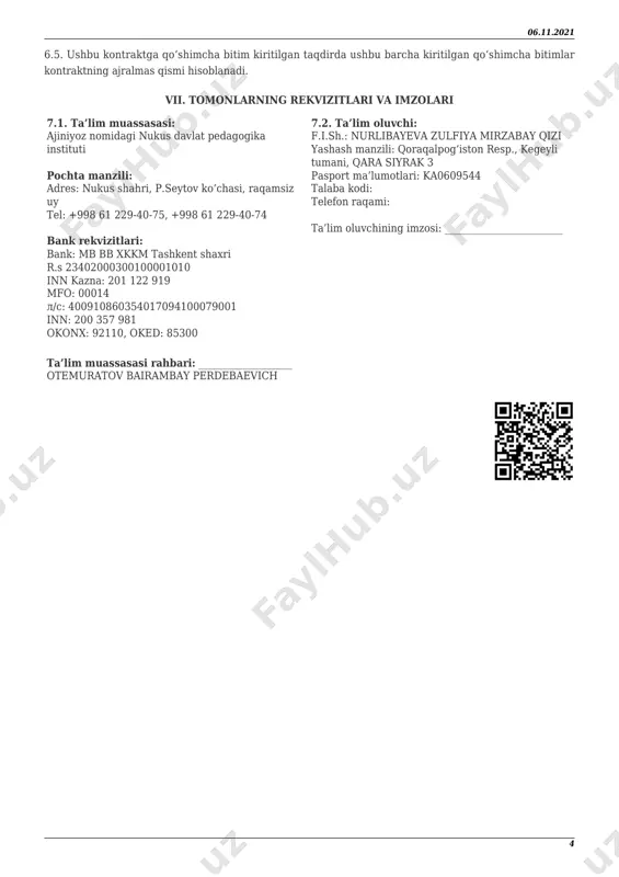 ash, ziyon keltirmaslik, ziyon keltirganda o‘rnini qoplash. iv. tomonlarning huquqlari 4.1. ta’lim muassasasi huquqlari: o‘quv jarayonini mustaqil ravishda amalga oshirish, “ta’lim oluvchi”ning oraliq va yakuniy nazoratlarni topshirish, qayta topshirish tartibi hamda vaqtlarini belgilash. o‘zbekiston respublikasi qonunlari, “ta’lim muassasasi” nizomi hamda mahalliy normativ-huquqiy 06.11.2021 3 hujjatlarga muvofiq “ta’lim oluvchi”ga rag‘batlantiruvchi yoki intizomiy choralarni qo‘llash. agar “ta’lim oluvchi” o‘quv yili semestrlarida yakuniy nazoratlarni topshirish, qayta topshirish natijalariga ko‘ra akademik qarzdor bo‘lib qolsa uni kursdan-kursga qoldirish huquqiga ega. “ta’lim muassasasi” “ta’lim oluvchi”ning qobiliyati, darslarga sababsiz qatnashmaslik, intizomni buzish, “ta’lim muassasasi”ning ichki tartib qoidalariga amal qilmaganda, respublikaning normativ-huquqiy hujjatlarida nazarda tutilgan boshqa sabablarga ko‘ra hamda o‘qitish uchun belgilangan to‘lov o‘z vaqtida amalga oshirilmaganda “ta’lim oluvchi”ni talabalar safidan chetlashtirish huquqiga ega. 4.2. ta’lim oluvchining huquqlari: o‘quv yili uchun kontrakt summasini semestrlarga yoki choraklarga bo‘lmasdan bir yo‘la to‘liqligicha to‘lash mumkin. ta’lim oluvchi mazkur kontrakt bo‘yicha naqd pul, bank plastik kartasi, bankdagi omonat hisob raqami orqali, ish …
