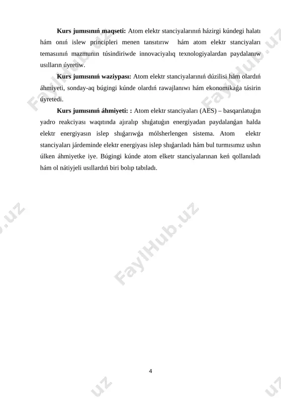 mkin. massa sanı 95 ten 139 ǵa shekem bolǵan yadrolardıń payda bolıw itimalı eń joqarı boladı. teń massalı bóliniw itimalı biraz kishi hám siyrek jaǵdaylarda ǵana júz beriwi múmkin. bóliniw reaksiyasınıń tómendegishe jaǵdayı eń kóp júz beredi: + q (energiya) (2.1) keyingi izleniwlerdiń kórsetiwinshe, neytron tásirinde basqa awır elementlerdiń yadroları da ıdırawı múmkin eken. bular , , hám basqalar. úzliksiz shınjır reakciyası. joqarıda atap ótilgenindey, hár bir uran yadrosı bólingende yadro bóleklerinen tısqarı 2–3 neytron da ushıp shıǵadı. óz gezeginde, bul neytronlar da basqa uran yadrosına túsiwi hám olardıń da ıdırawına alıp keliwi múmkin. nátiyjede 4–9 neytron payda boladı hám sonsha yadronı ıdıratıp, 8 den 27 ge shekem neytronlardıń payda bolıwına sebep boladı. solay etip, óz-óziniń ıdırawın kúsheytiwshi process payda boladı (1-súwret). bul process úzliksiz shınjır reakciyası delinedi. shınjır reakciyası ekzotermalıq reakciya esaplanadı, yaǵnıy reakciya joqarı muǵdardaǵı energiya bólinip shıǵıwı menen júz beredi. biz joqarıda bir uran yadrosı bólingende 200 …