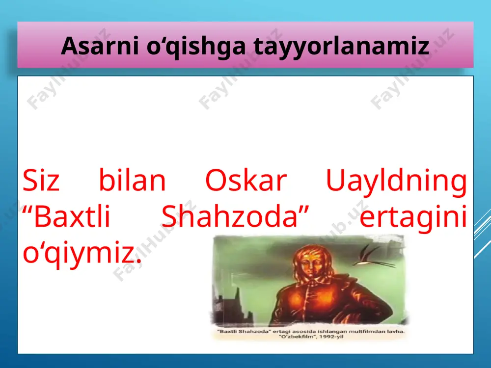 qirolichaning eng sohibjamol dugonasining navbatdagi saroy bazmiga atab tiktirayotgan ipak ko‘ylagiga gul chatimoqda. xona burchagidagi to‘shakda bolasi betob yotibdi. u isitmada yonib, “apelsin beringlar”, deb alahsirayapti. ammo onasining daryo suvidan boshqa beradigan narsasi yo‘q. shuning uchun ham bola yig‘layapti. qaldirg‘och, qaldirg‘och, jajjigina qaldirg‘och! qilichim- ning dastasidagi la’lni olib, o‘sha ayolga eltib bersang-chi? oyoqlarim supaga mahkam qotirilgan, o‘zim joyimdan qimirlolmayman. – qaldirg‘och, qaldirg‘och, jajjigina qaldirg‘och! bir kechagina qola qol, mening vakilim bo‘lib. bolakay shundoq chanqaganki, onasi ham shundoq g‘amginki. qaldirg‘och daryo uzra uchayotib, kema machtalaridagi chiroqlani ko‘rdi. nihoyat, u boyagi kulbaga yetib keldi va ichkariga boqdi.bola isitmada to‘lg‘anar, onasi esa toshdek qotib uxlab yotardi: axir u qattiq charchagandi-da. qaldirg‘och xonaga kirib, la’lni stolda yotgan angishvonaning yoniga qo‘ydi. so‘ng to‘shak uzra qanot qoqib, bolaning cho‘g‘dek yuziga shabada tarata boshladi. savol 1. baxtli shahzoda nima sababdan yig‘layapti deb o‘ylaysiz? 2. bolalarni jini suymaydigan qaldirg‘och nima uchun chevar ayolning betob bolasi yuziga shabada taratdi …